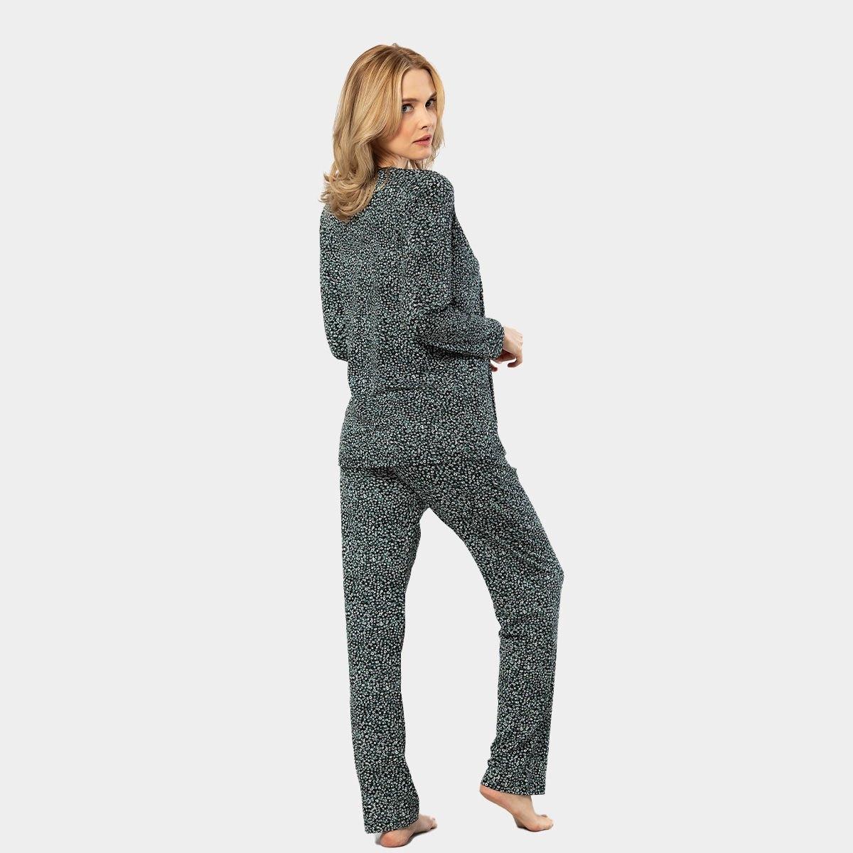 Çiçek Desenli Pamuklu Cepli Uzun Kollu Kadın Pijama Takımı Türen 3382 - Yeşil