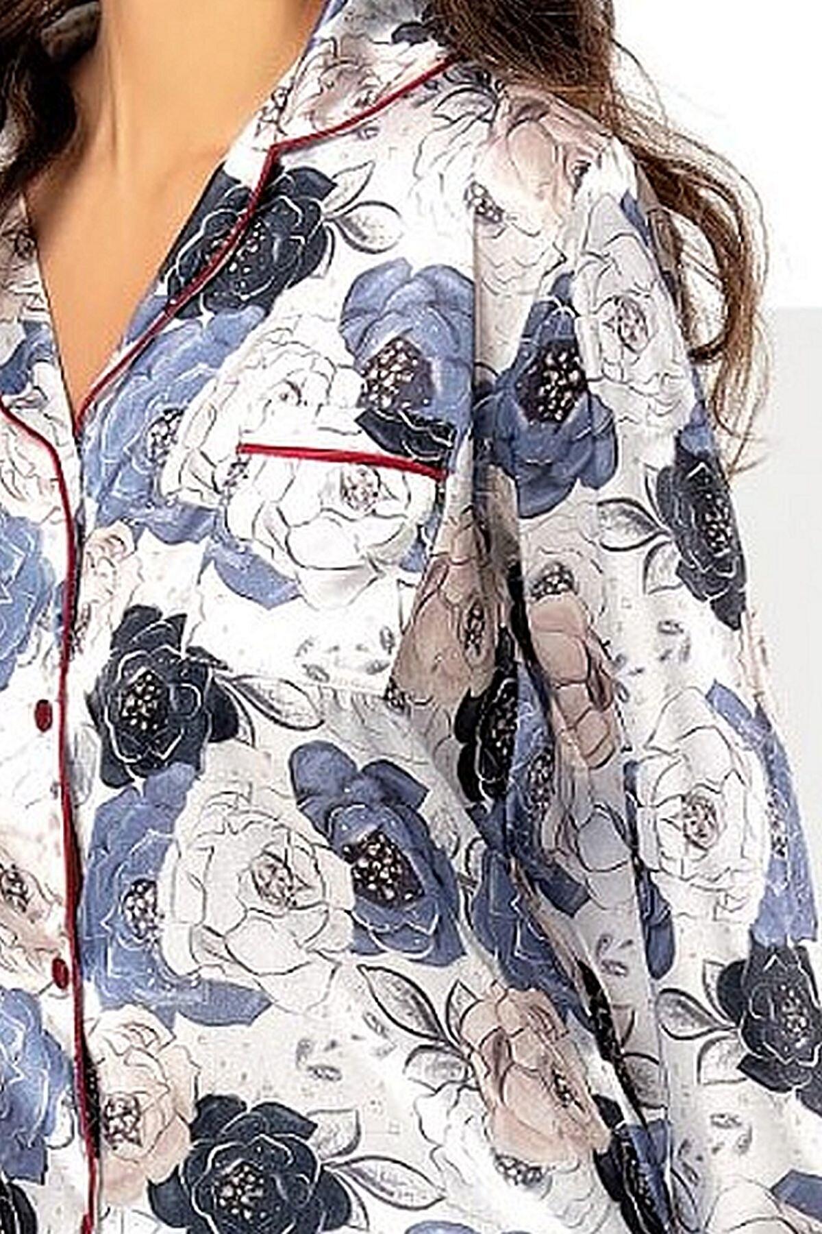 Çiçekli Saten Empirme Kadın Pijama Çeyiz Seti XSES 2000 - Mavi