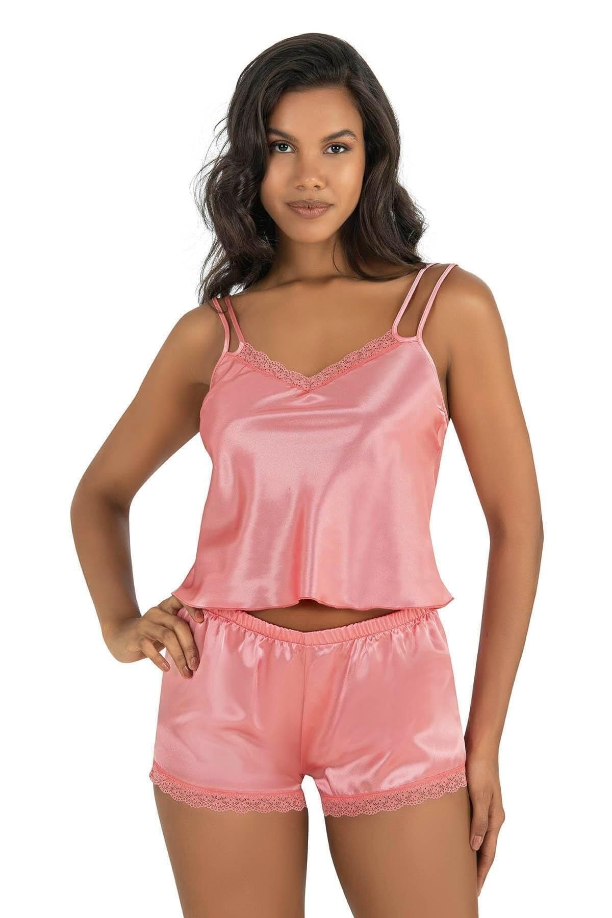 Çift Askılı Leopar Saten Şort Pijama Takımı Ahu 9210 - Pembe