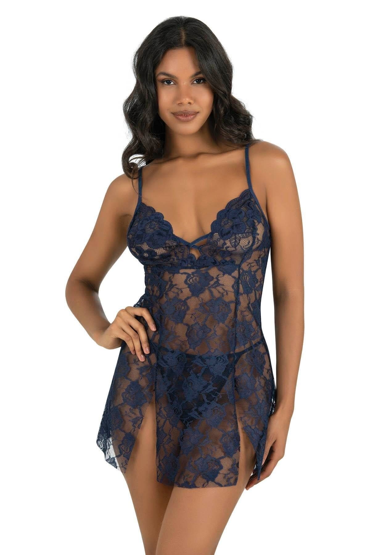 Ahu Lingerie Çift Yırtmaçlı Lacivert Tül Gecelik Ahu 4241