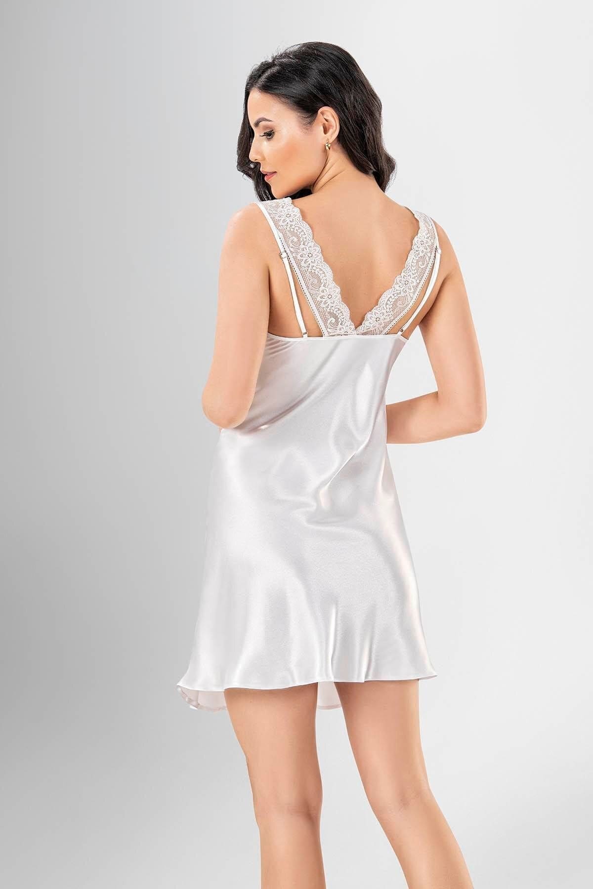 Çizgili Dantelli Kadın Gecelik Takımı Ahu 1963 - Ekru