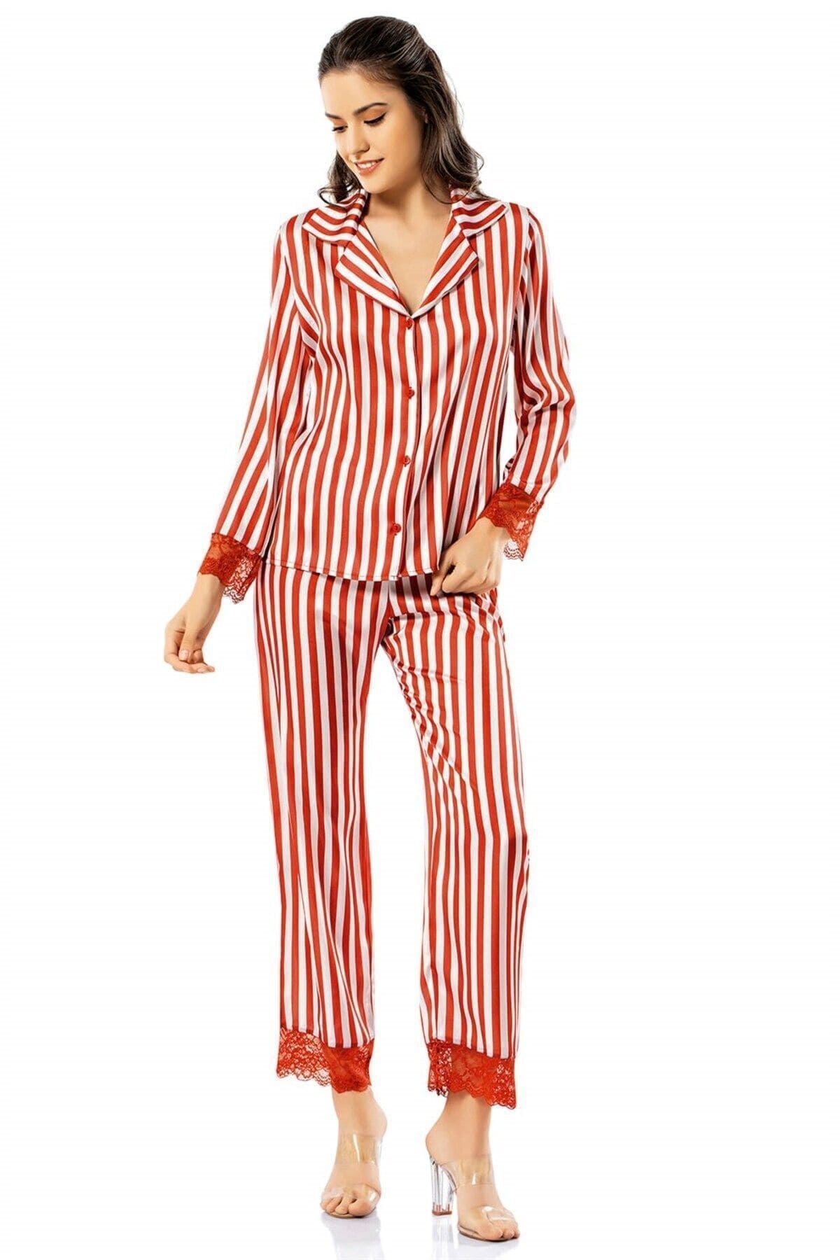 Çizgili Saten İkili Pijama Takımı Kadın Ahu 1740 - Kırmızı