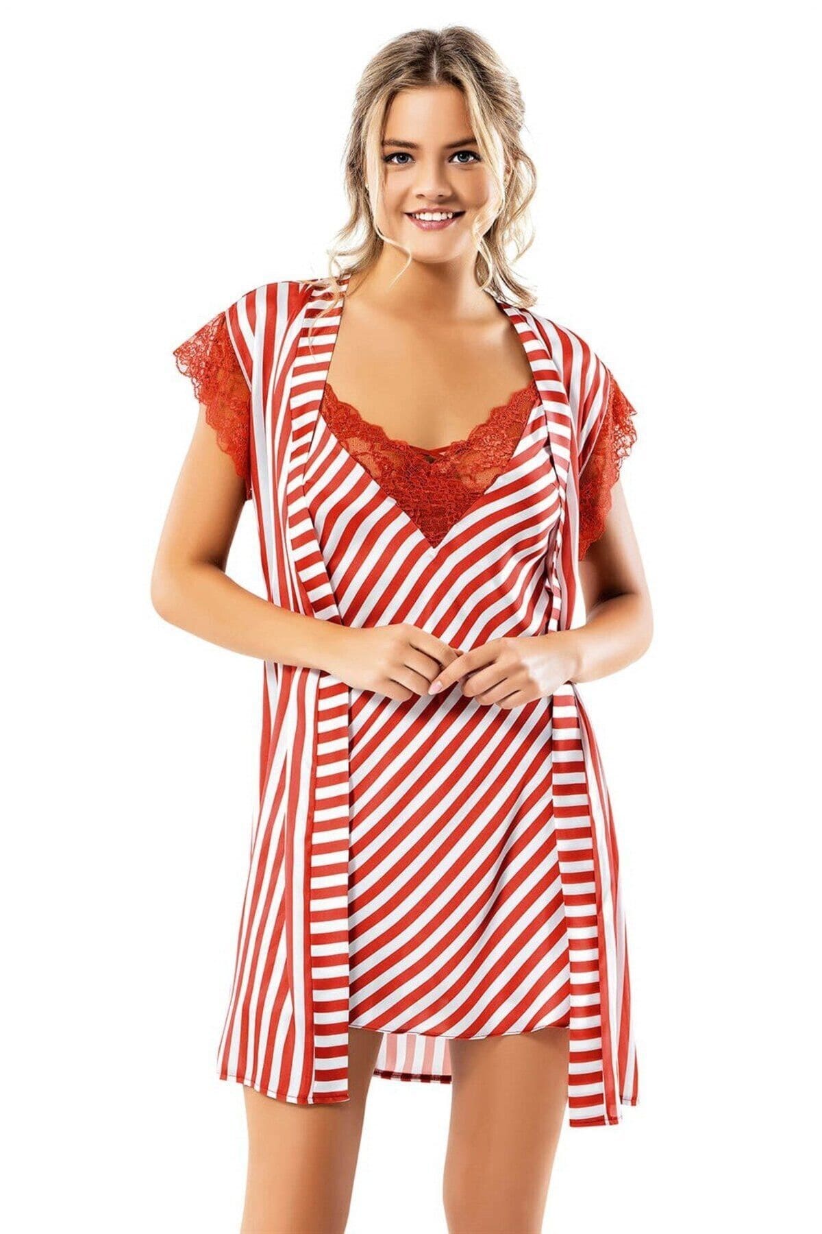 Çizgili Kiremit Renk Saten Gecelik Takımı Ahu 1738 - Kırmızı