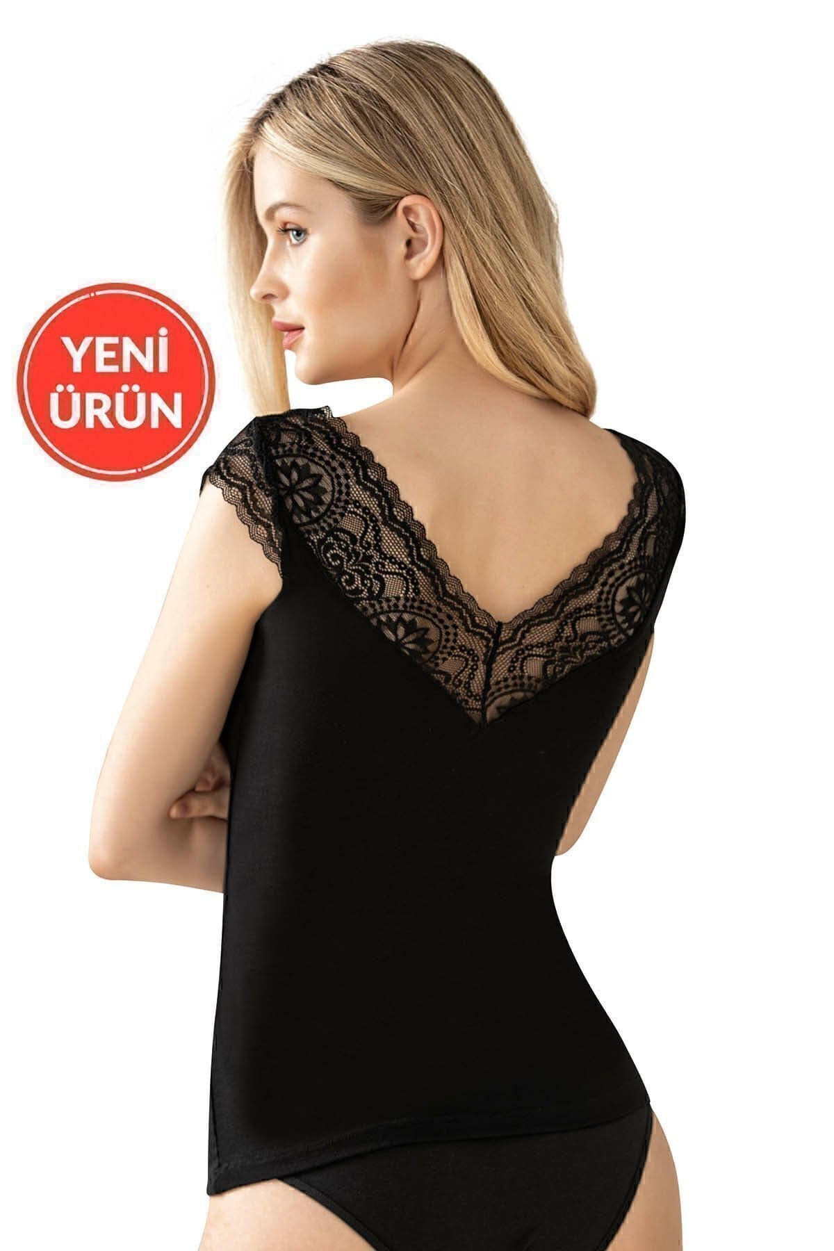 Dantel Sırt Detaylı Esnek V Yaka Kadın Atlet Özkan 26977 - Siyah