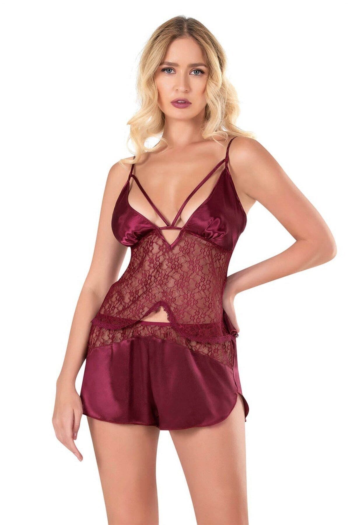 Dantelli Bordo Saten Babydoll Şort Takımı Ahu 9118 - Bordo
