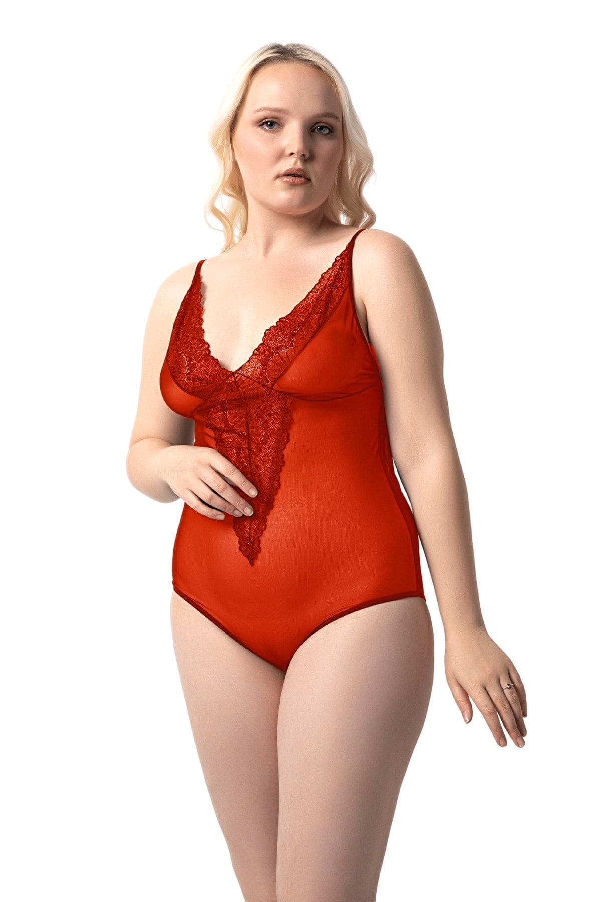 Dantelli Transparan Büyük Beden Bodysuit Donex 8020 - Kırmızı