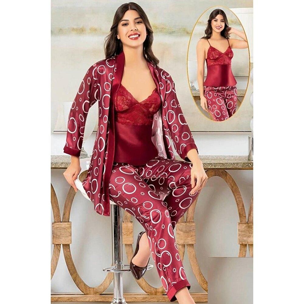 Dantelli Daire Desenli Saten Sabahlık Pijama Çeyiz Seti XSES 2152 - Bordo