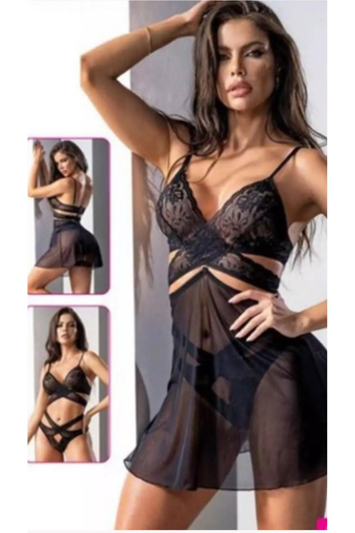 Dantel ve Şifon Detaylı Fantazi Gecelik Takım For Dreams 8469 - Siyah