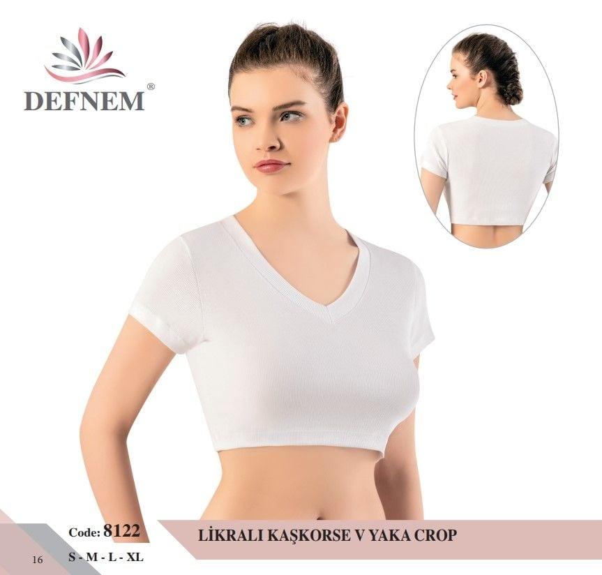 Kısa Kollu Sırt Açık Kaşkorse V Yaka Kadın Crop Defnem 8122 - Bej