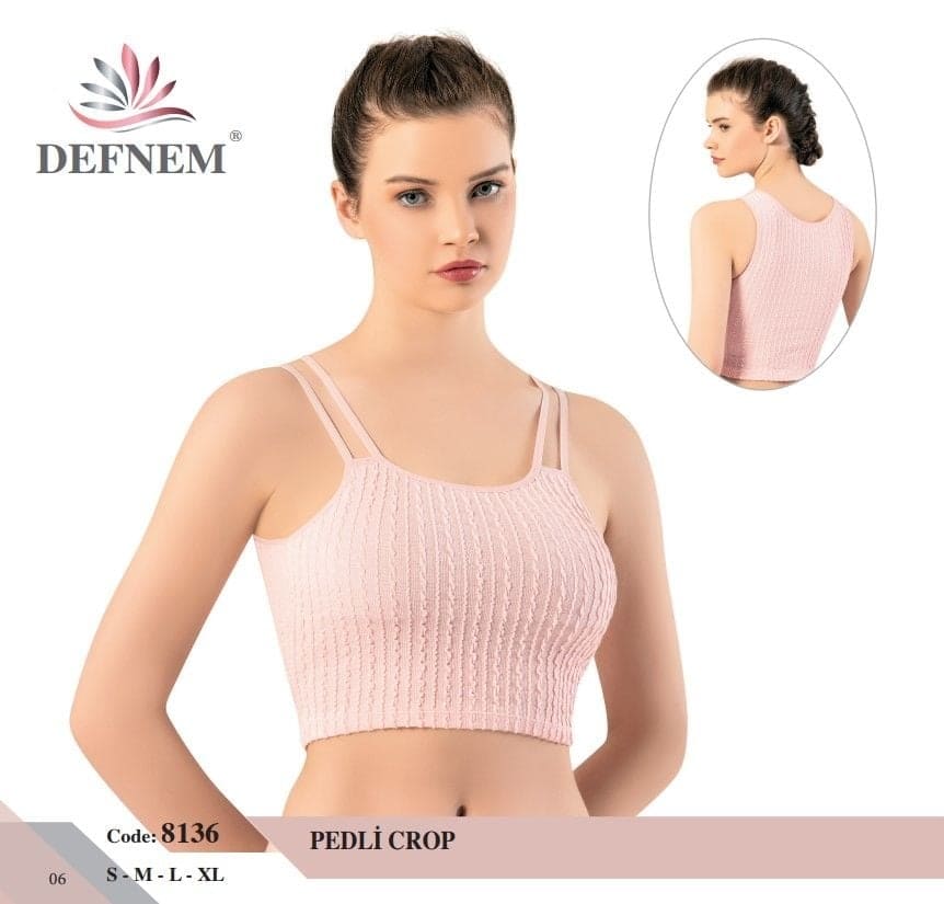 Çift Askılı Örgü Dokulu Pedli Kadın Crop Defnem 8136 - Açık Pembe