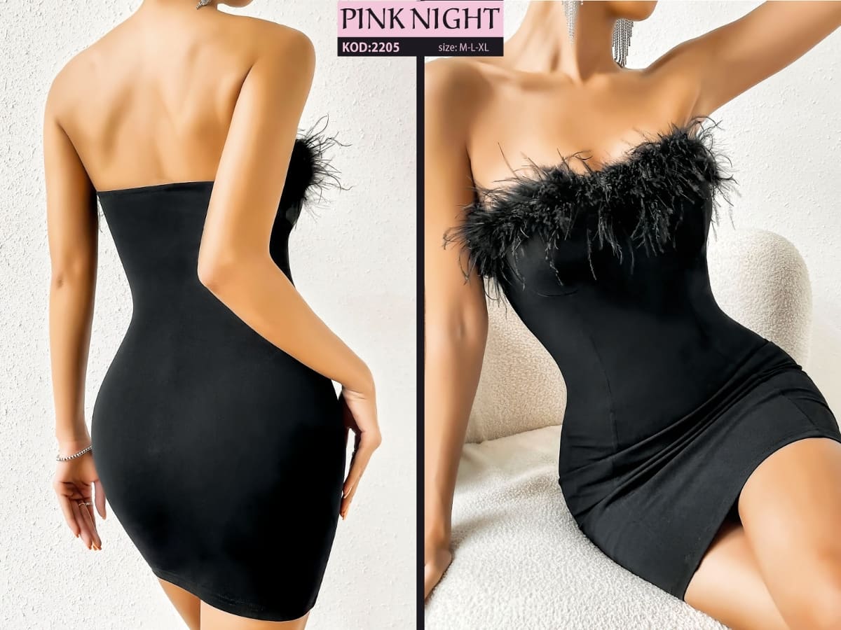 Peluş Detaylı Mini Elbise Fantezi Kostüm Pink Night 2205 - Siyah