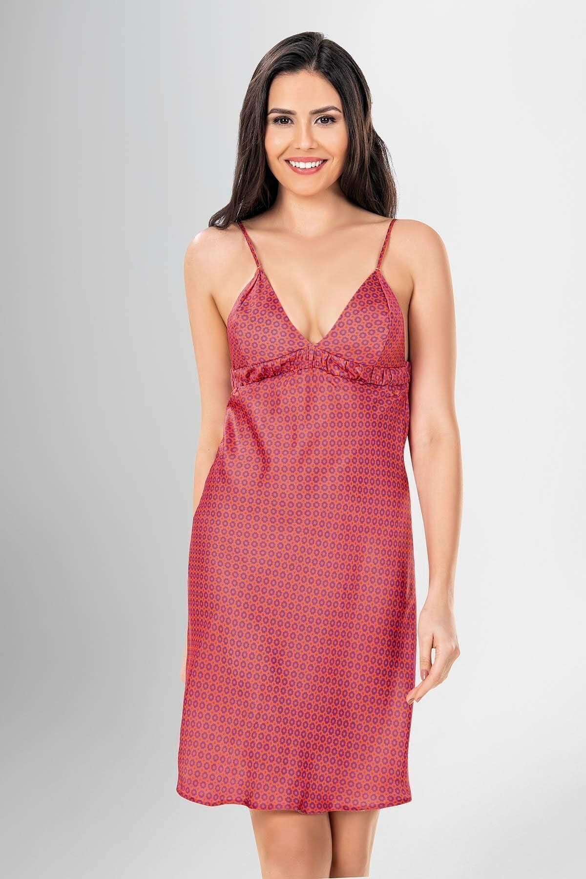 Desenli Şifon Kısa Kollu Gecelik Takımı Ahu 1940 - Kırmızı