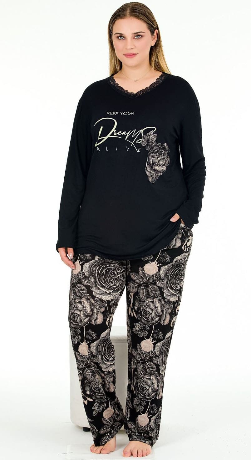 Desenli Büyük Beden Uzun Kollu Pijama Takımı Lady 11381 - Görsel