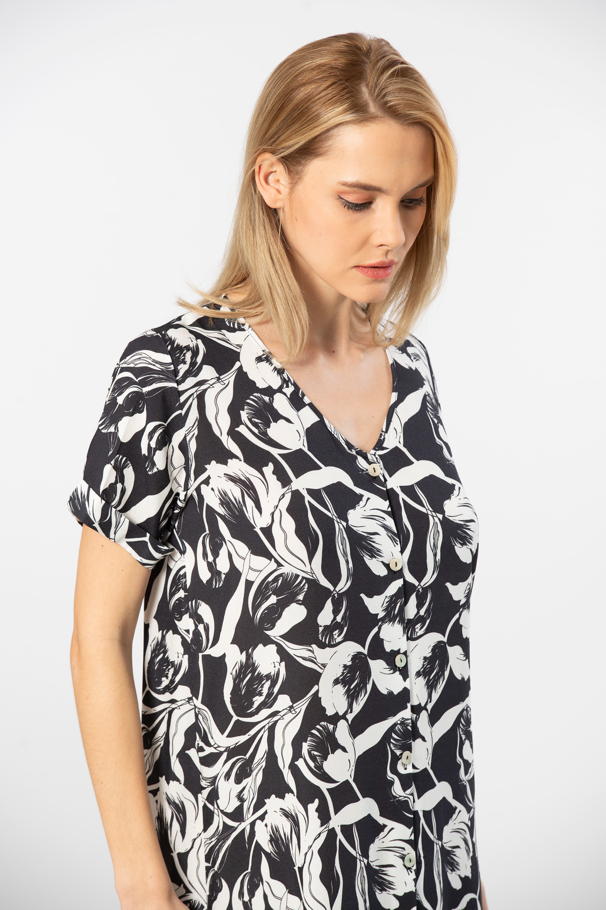 Viskon V Yaka Dokuma Kadın Elbise Türen 3603 - Siyah