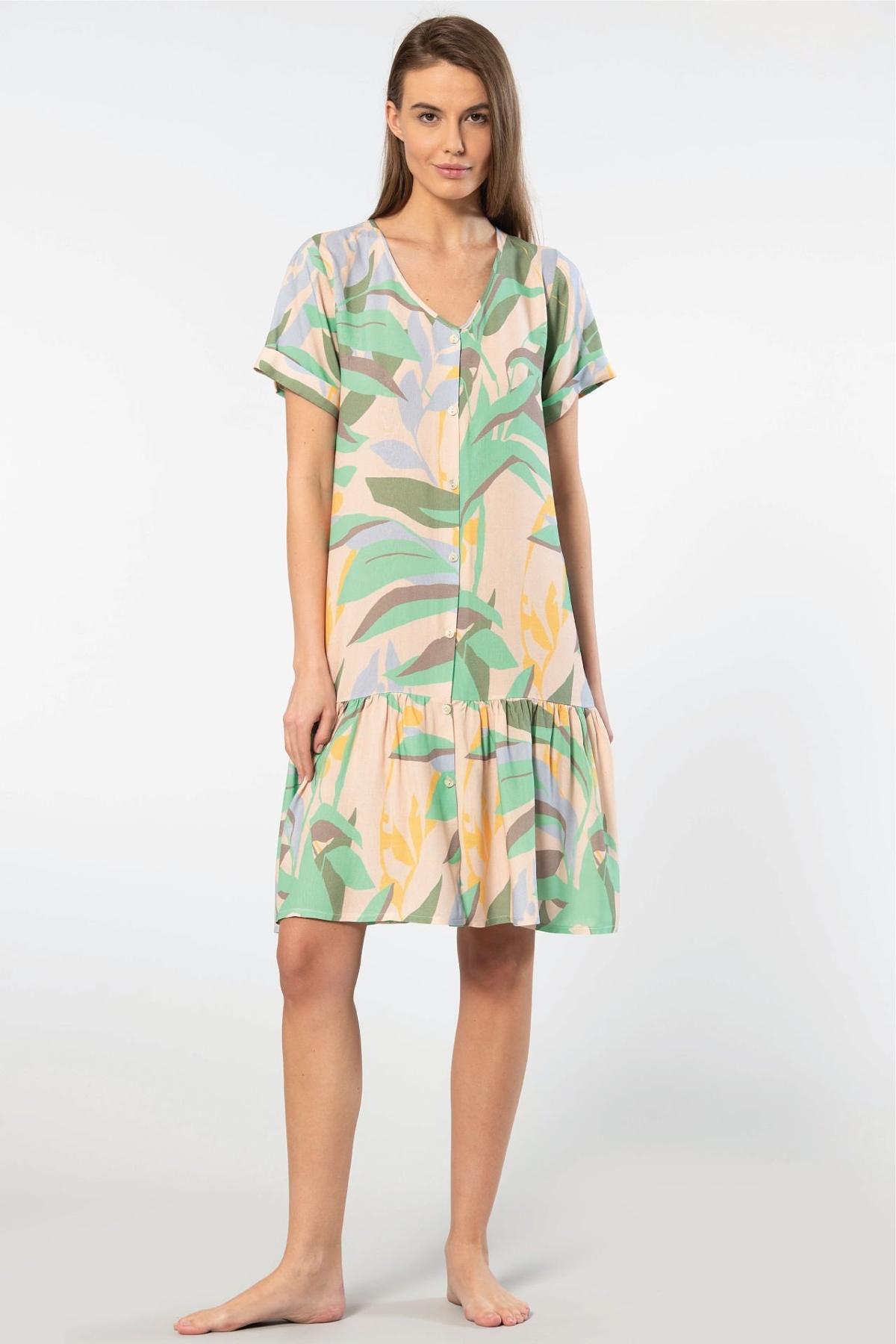 Viskon Dokuma Düğmeli Elbise Türen 3603 - Yeşil