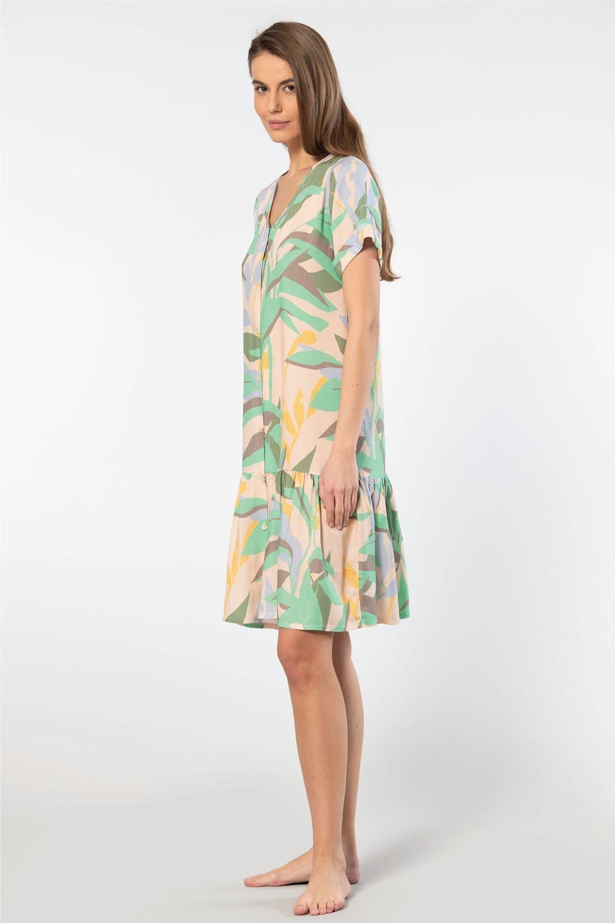 Viskon Dokuma Düğmeli Elbise Türen 3603 - Yeşil