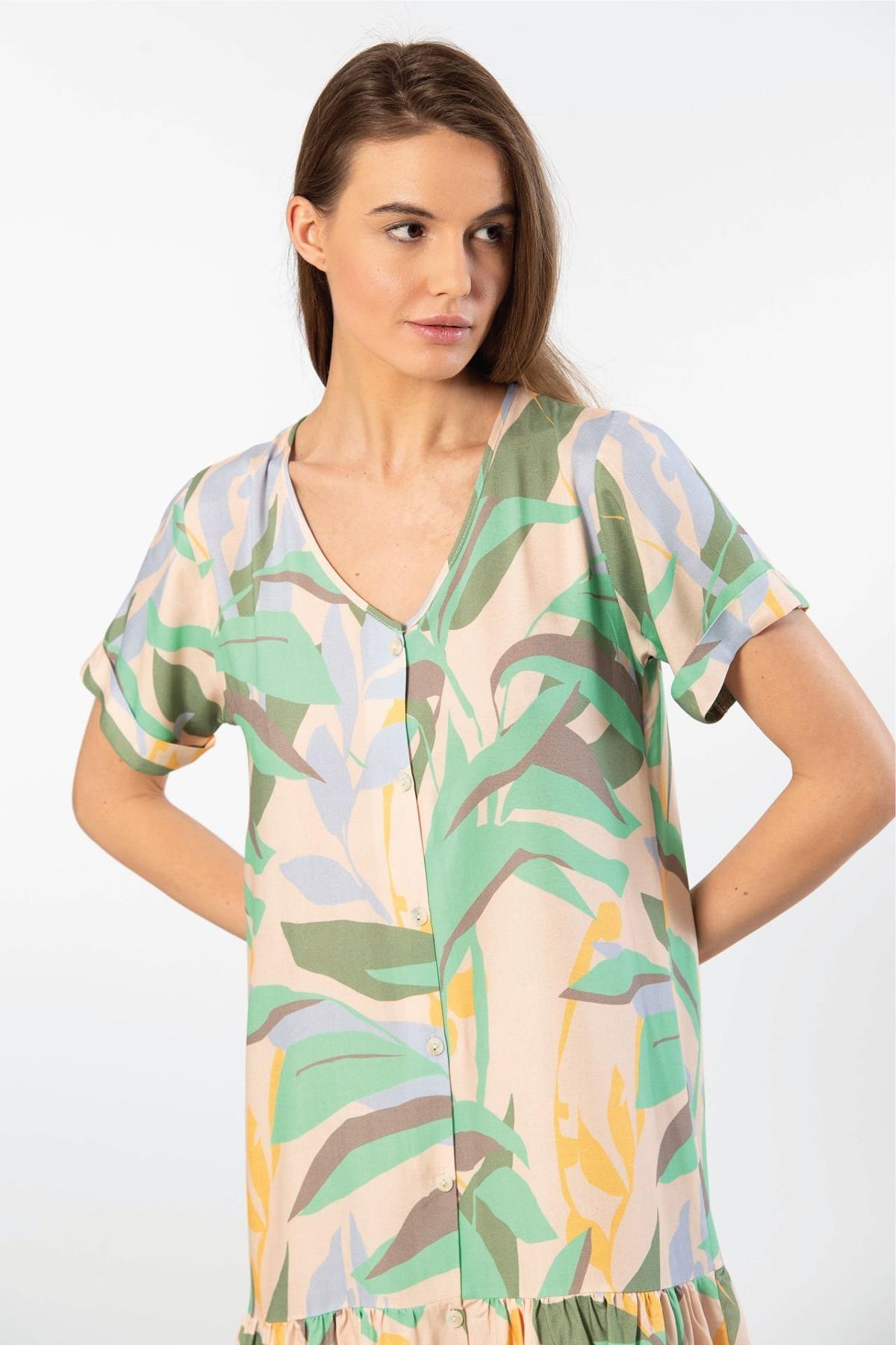 Viskon Dokuma Düğmeli Elbise Türen 3603 - Yeşil