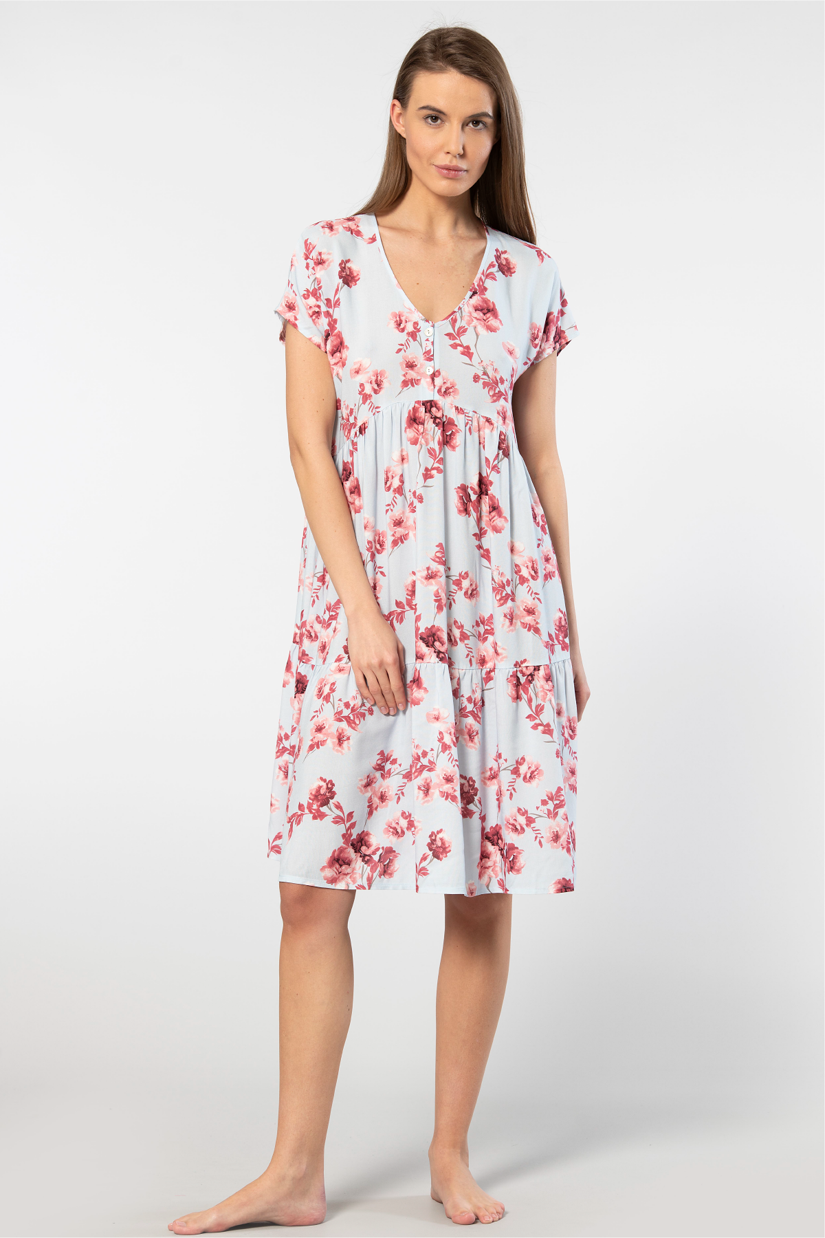 Viskon Kumaşlı Sarı Kısa Kollu Önden Düğmeli Kloş Elbise Türen 3602 - Mavi