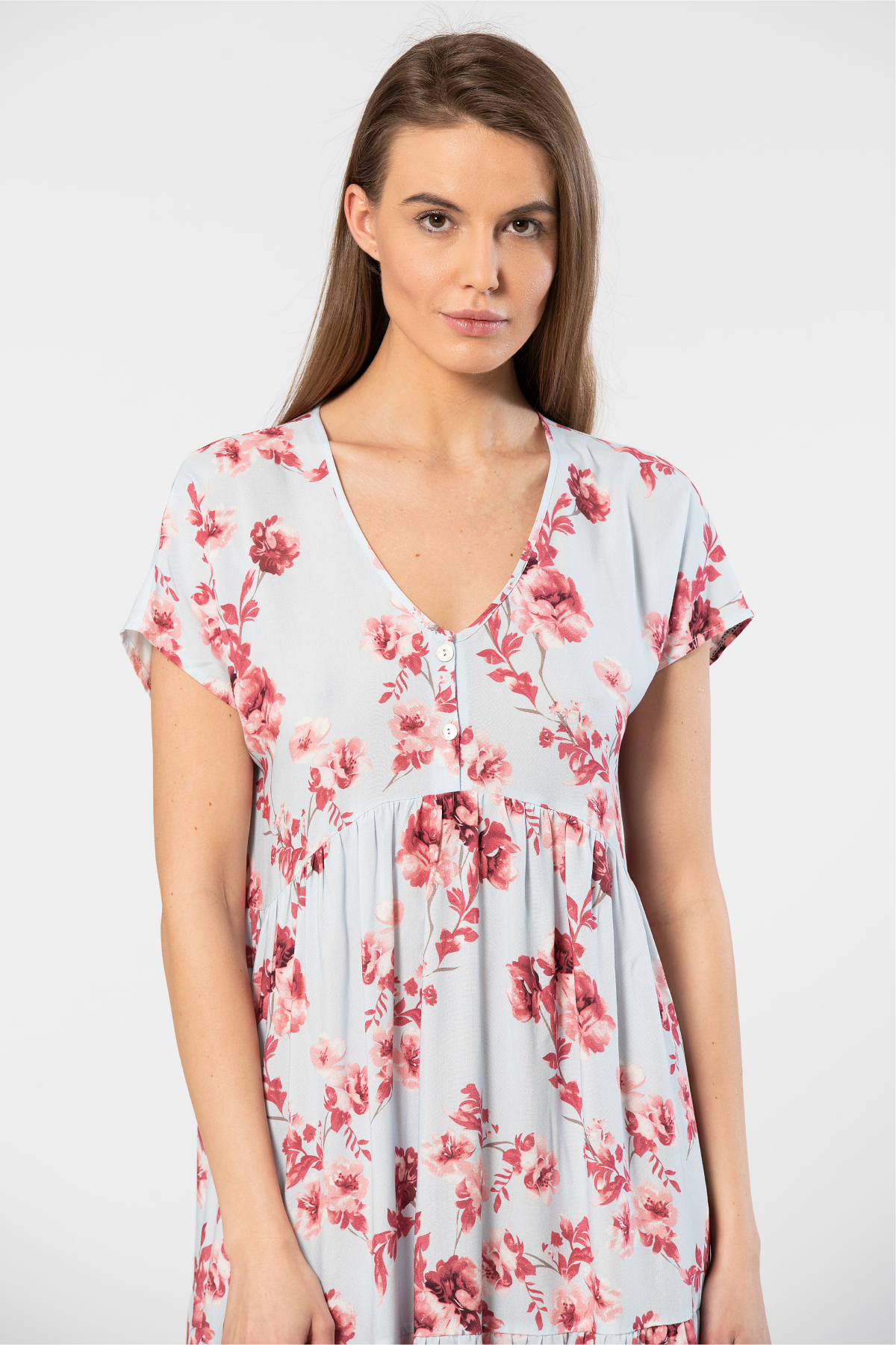 Viskon Kumaşlı Sarı Kısa Kollu Önden Düğmeli Kloş Elbise Türen 3602 - Mavi