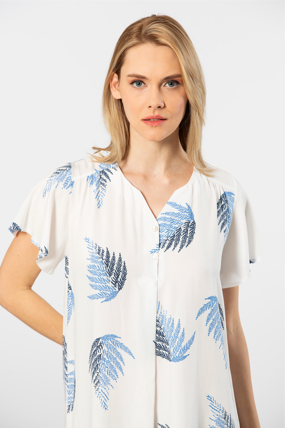 Nefes Alabilen Viskon Önden Düğmeli Kadın Elbise Türen 3399 - Ekru