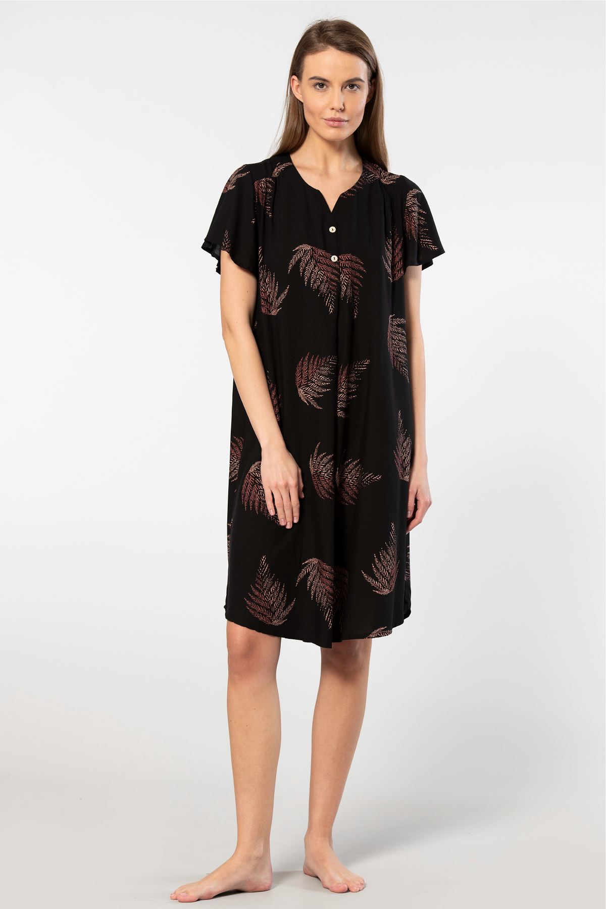 Yaprak Desenli Viskon Dokuma Kadın Elbise Türen 3399 - Siyah