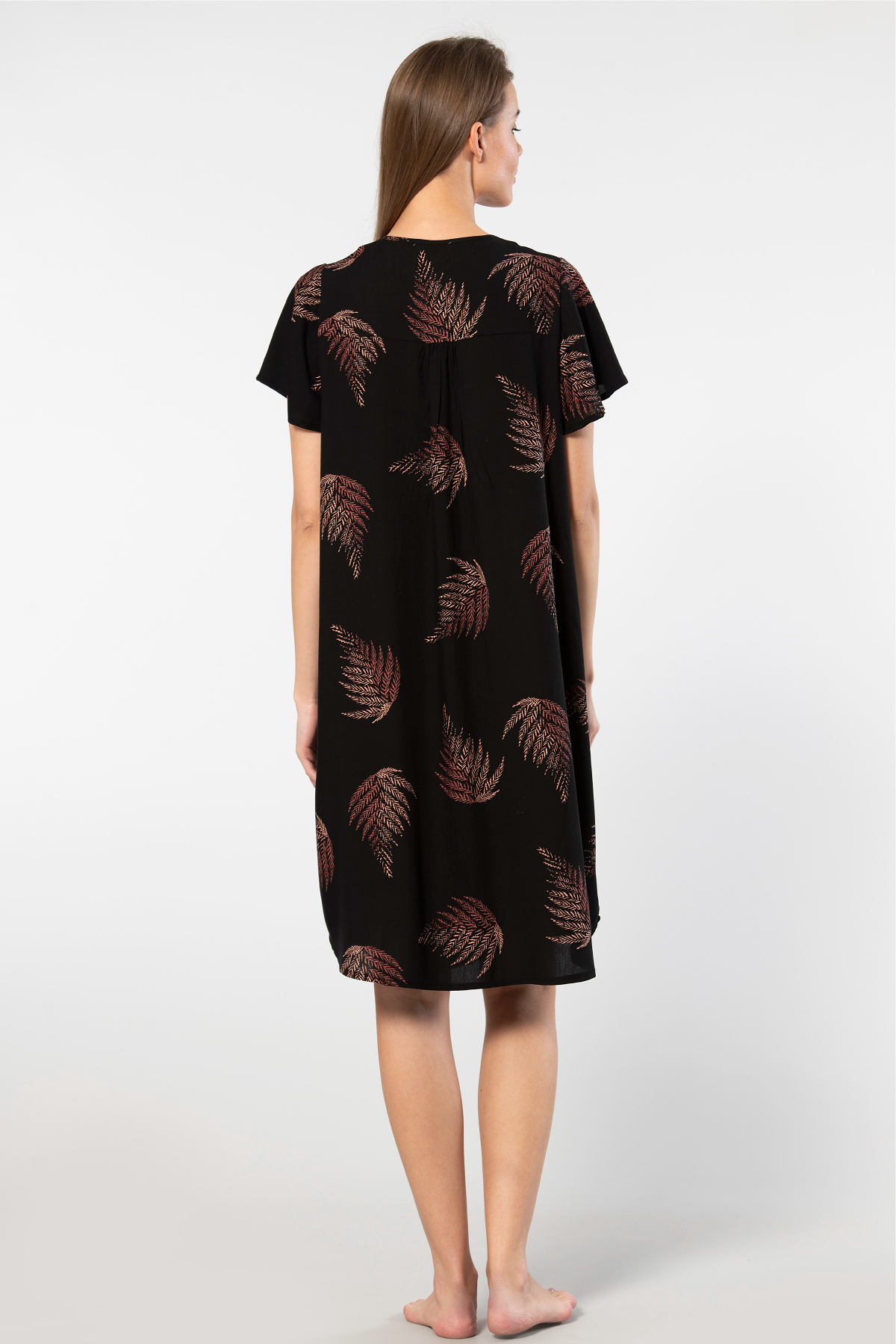 Yaprak Desenli Viskon Dokuma Kadın Elbise Türen 3399 - Siyah