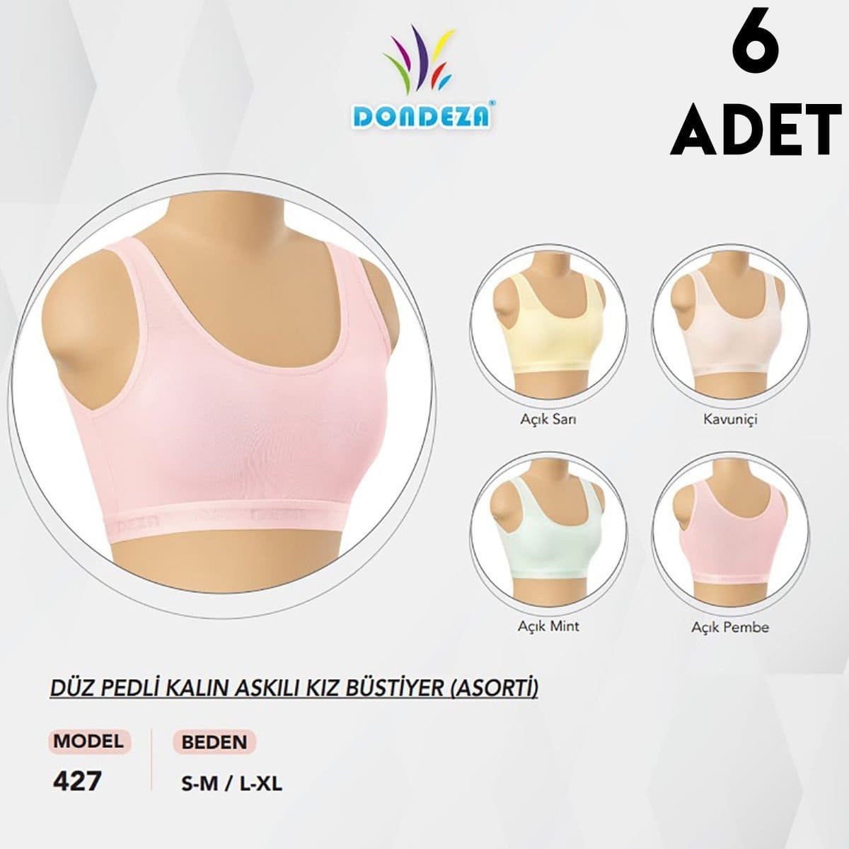 Kalın Askılı Kız Çocuk Bustiyer 6'lı Dondeza 427 - Düz Asorti