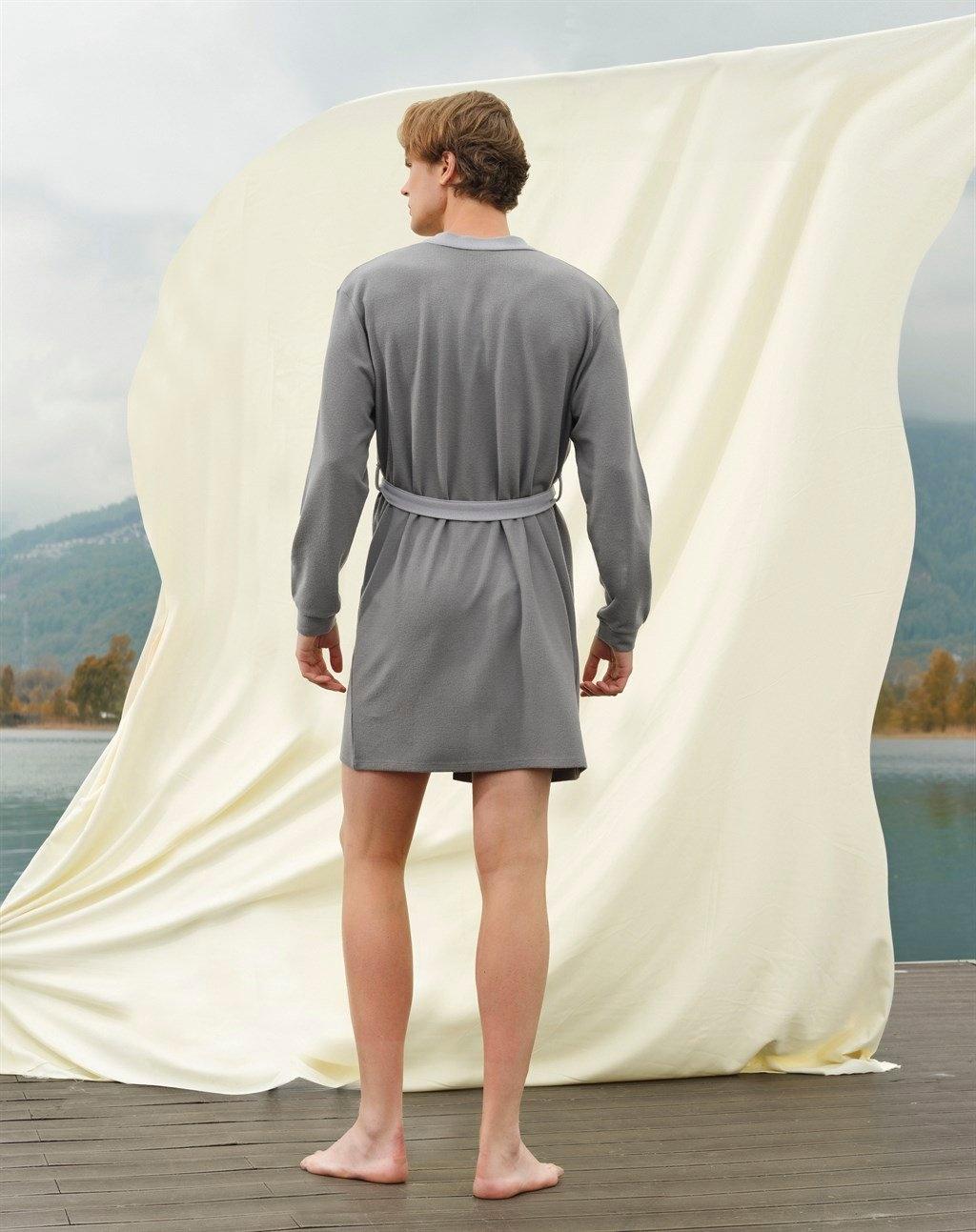 Uzun Kollu Kuşaklı Unisex Sabahlık Doreanse 4003 - Gri