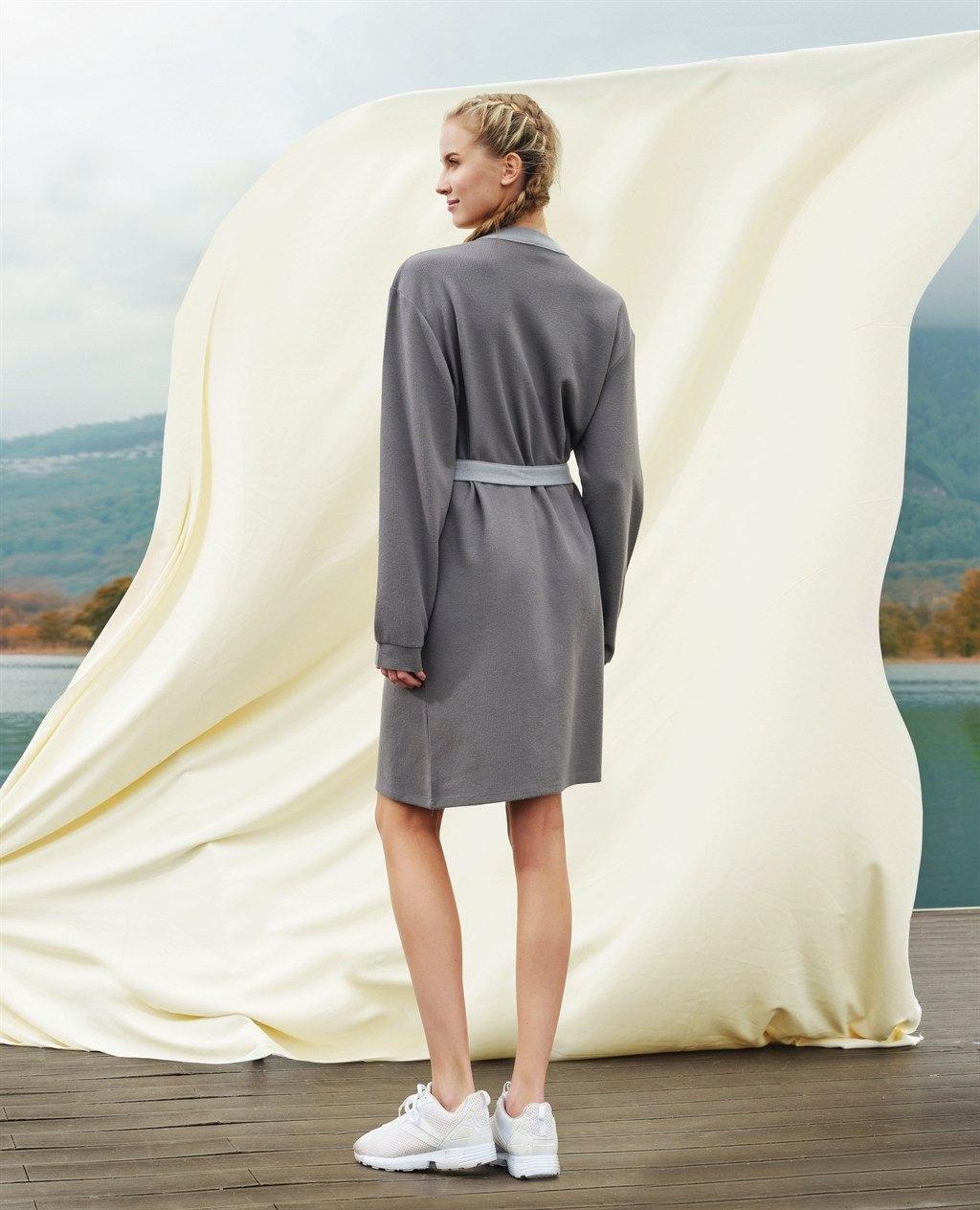 Uzun Kollu Kuşaklı Unisex Sabahlık Doreanse 4003 - Gri