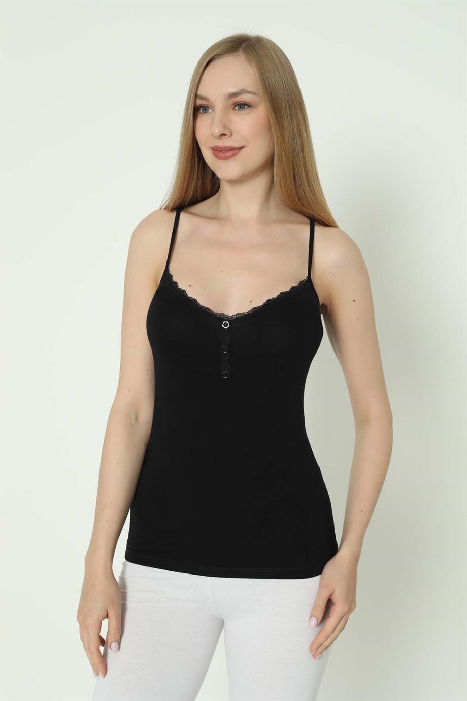 Düğmeli Siyah Atlet İp Askı Pamuklu Likralı Arma 3365 - Siyah