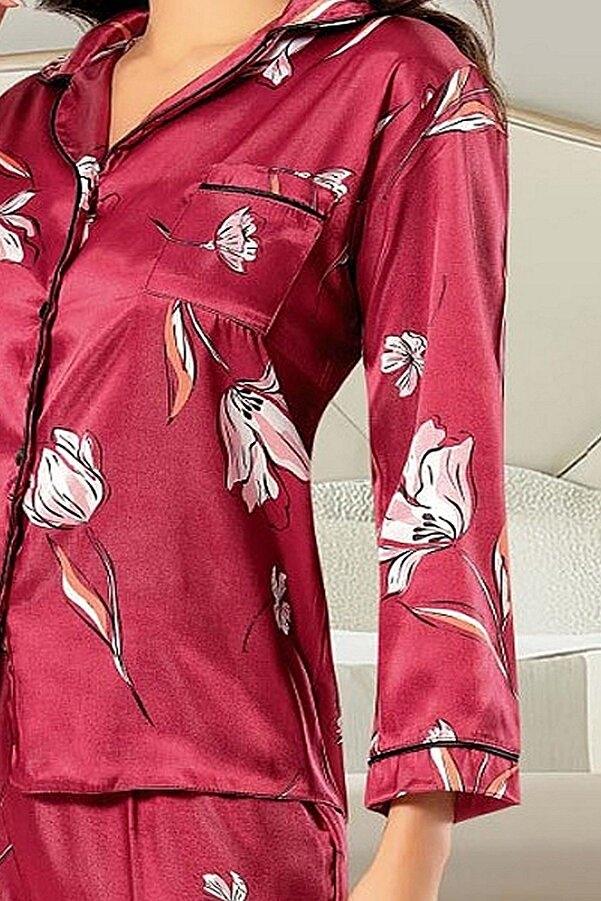 Saten Düğmeli Gömlek Yaka Uzun Kollu Pijama Seti XSES 2000 - Bordo