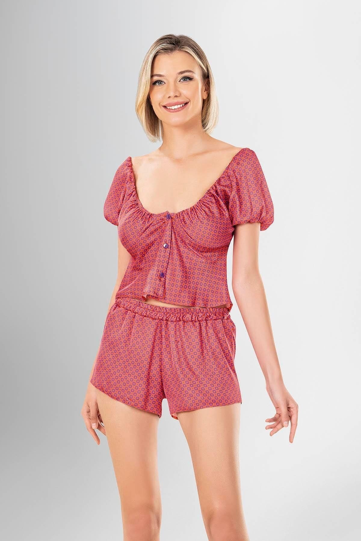 Düğmeli Kısa Kollu Yeşil Şort Pijama Takımı Ahu 1941 - Mor