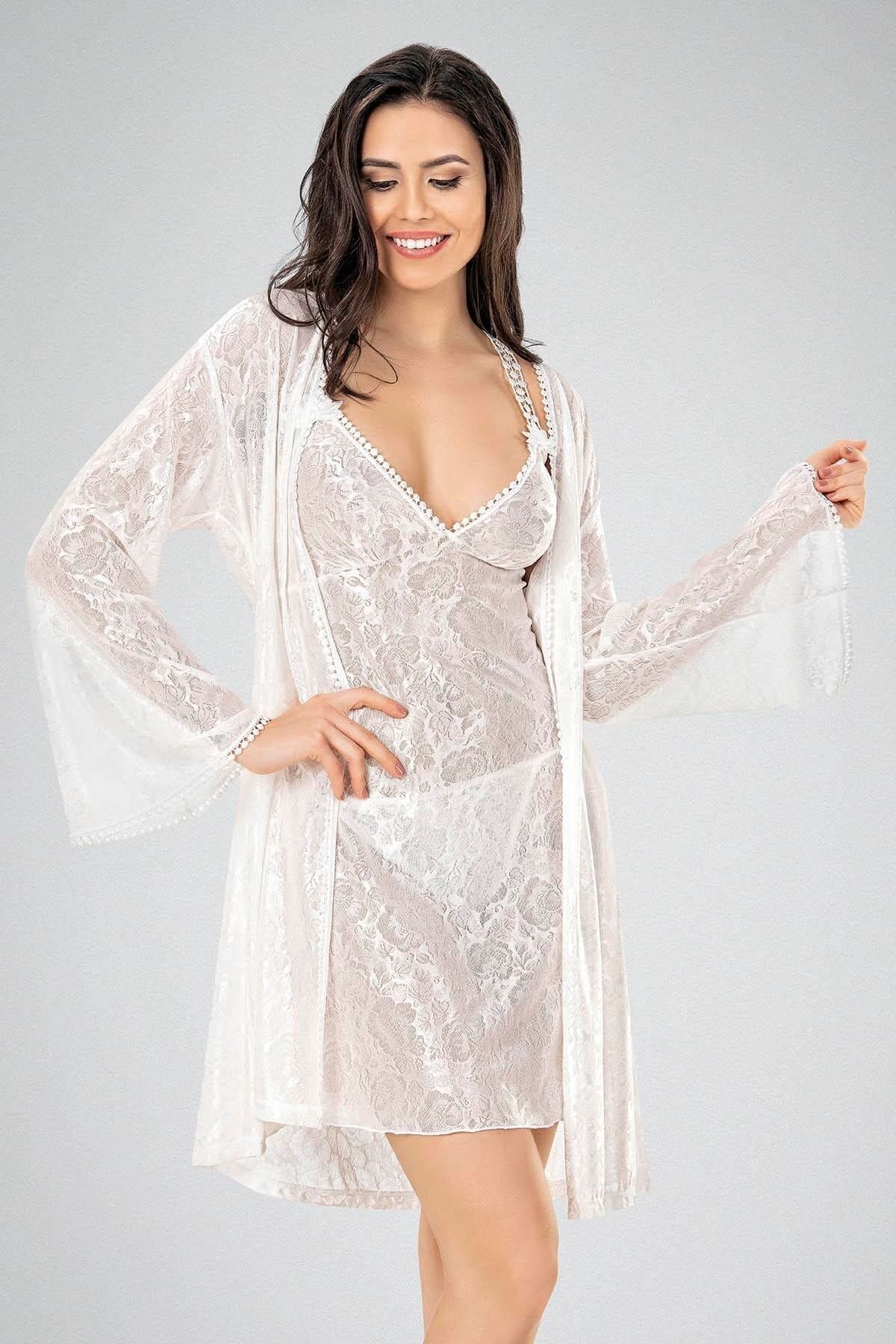 Ekru Tül Detaylı Kadın Gecelik Takım Ahu 7736 - Ekru