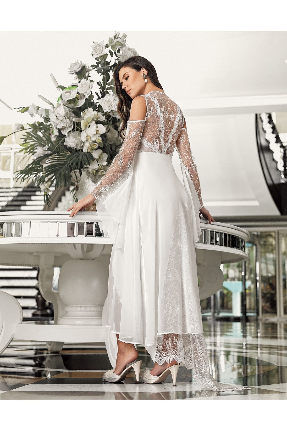 Transparan Dantelli Ekru Saten Gecelik Takımı İmaj 3204 - Ekru