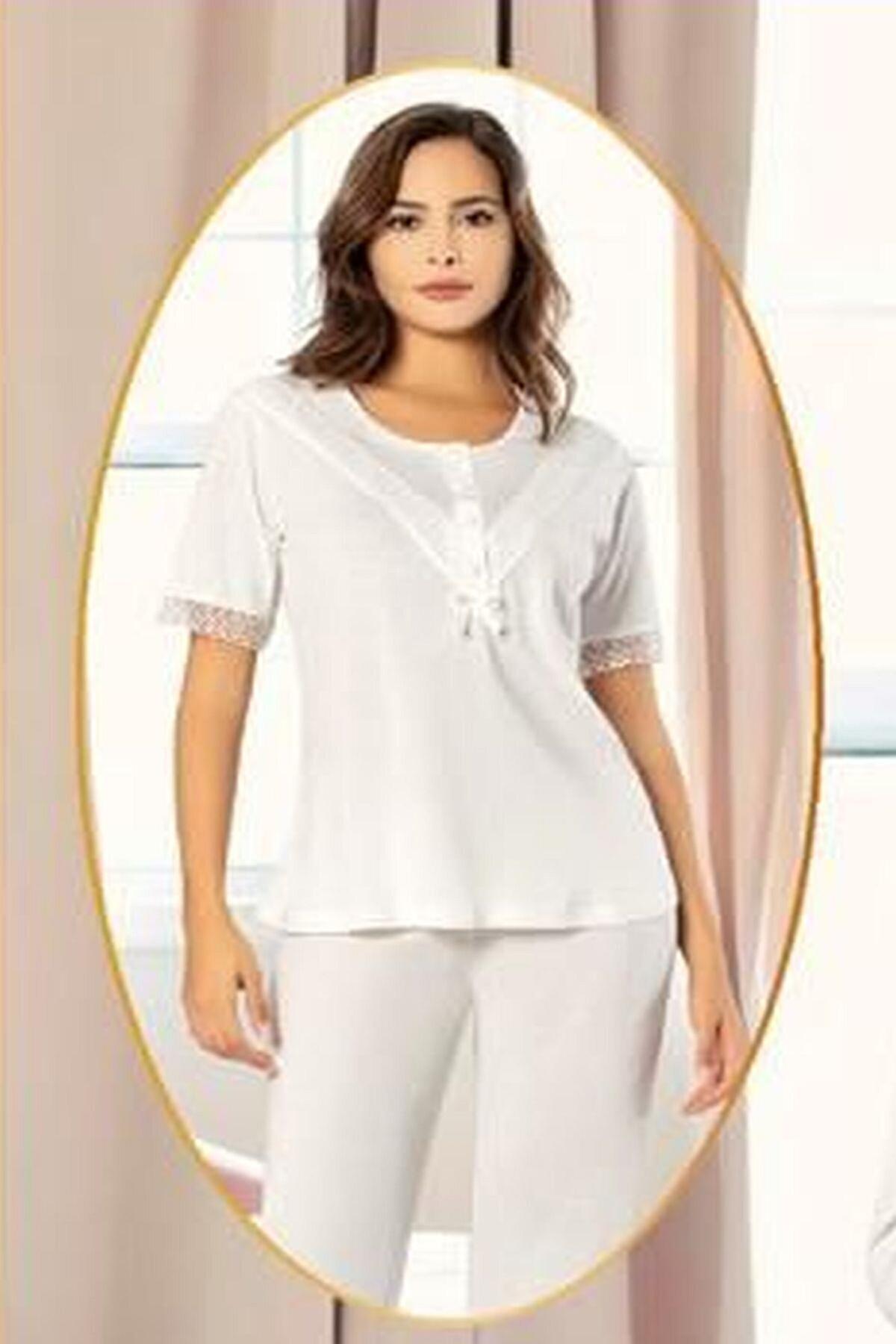 Esnek Bel Bandı Emzirme Açıklığı Hamile Pijama Takımı XSES 4850 - Ekru