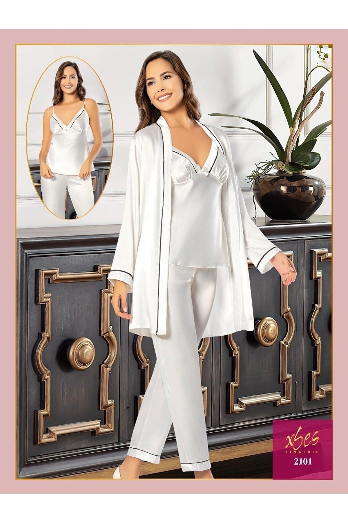 İnce Askılı Saten Sabahlık Pijama Seti XSES 2101 - Ekru