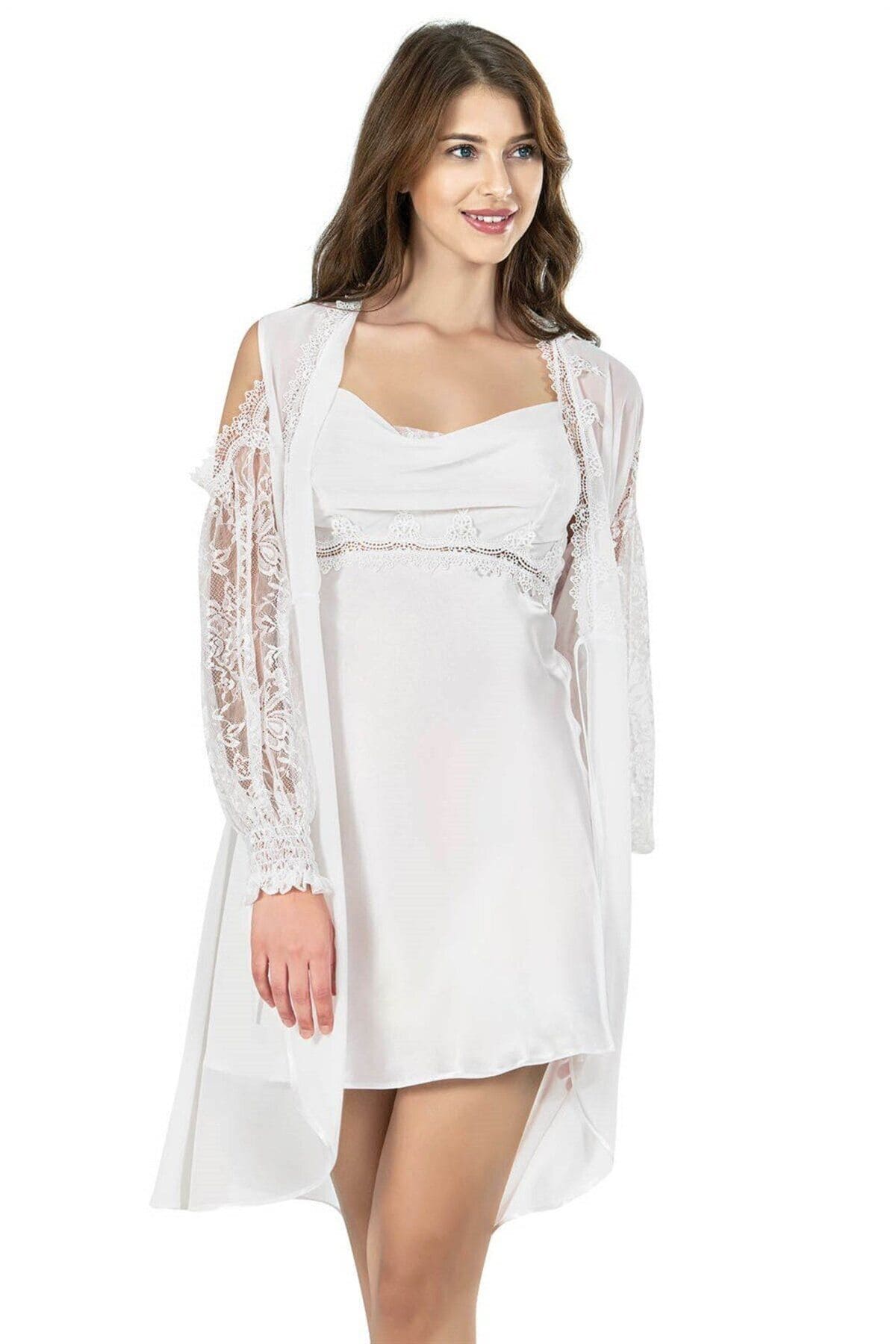 Saten Kısa Sabahlıklı Gecelik Takımı Ahu 7625 - Ekru