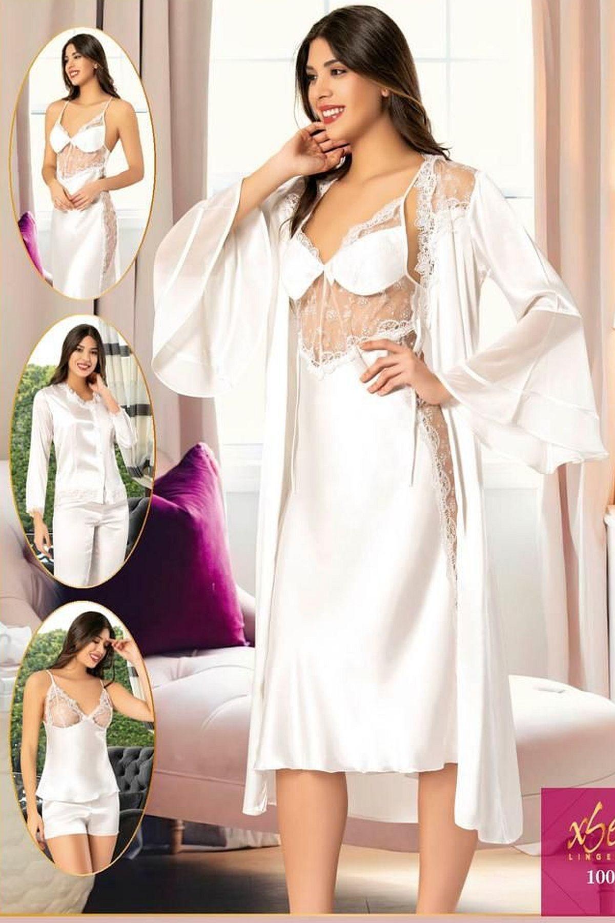 Ekru Transparan Dantelli Saten Gelin Çeyiz Seti XSES 1005 - Pudra