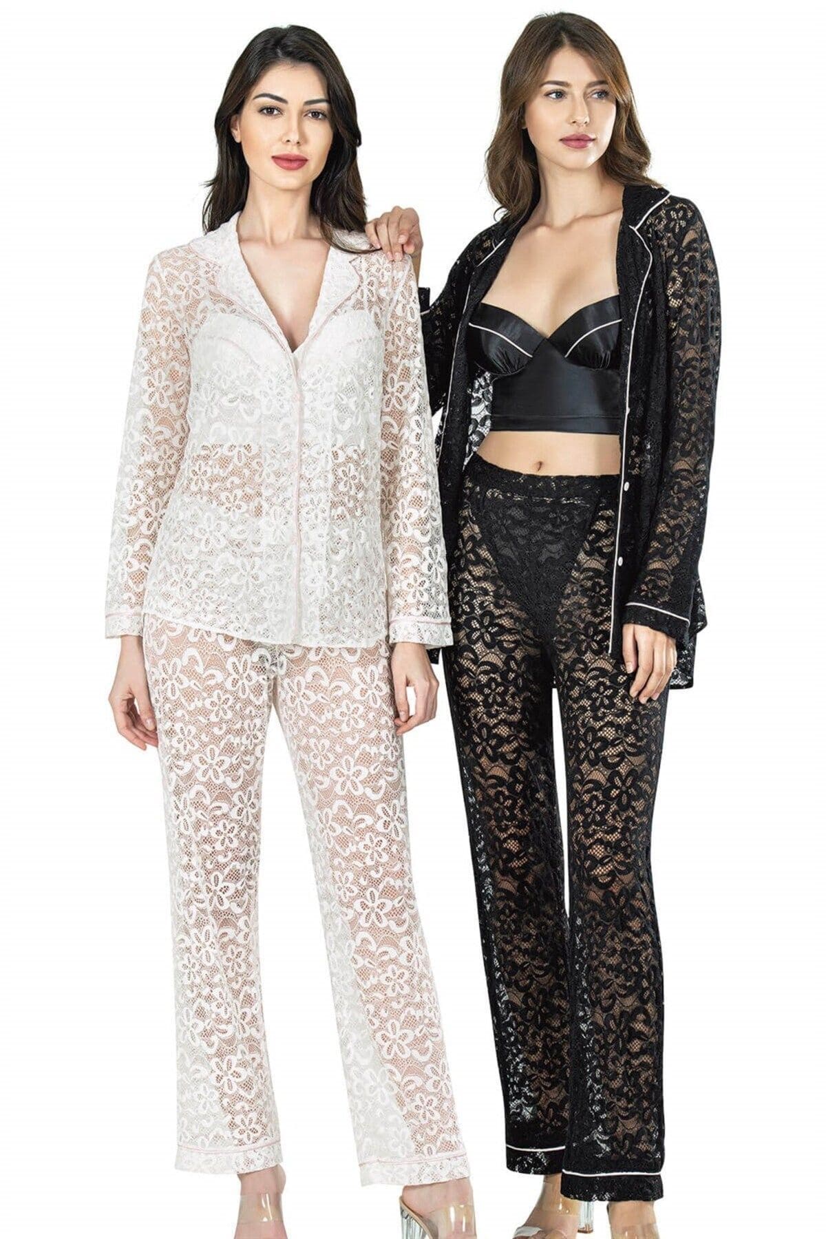 Ekru Üçlü Büstiyer Detaylı Saten Kadın Pijama Takımı Ahu 7637 - Ekru