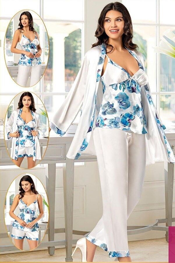 Saten Desenli Sabahlık Pijama Çeyiz Seti Sarı XSES 2155 - Mavi