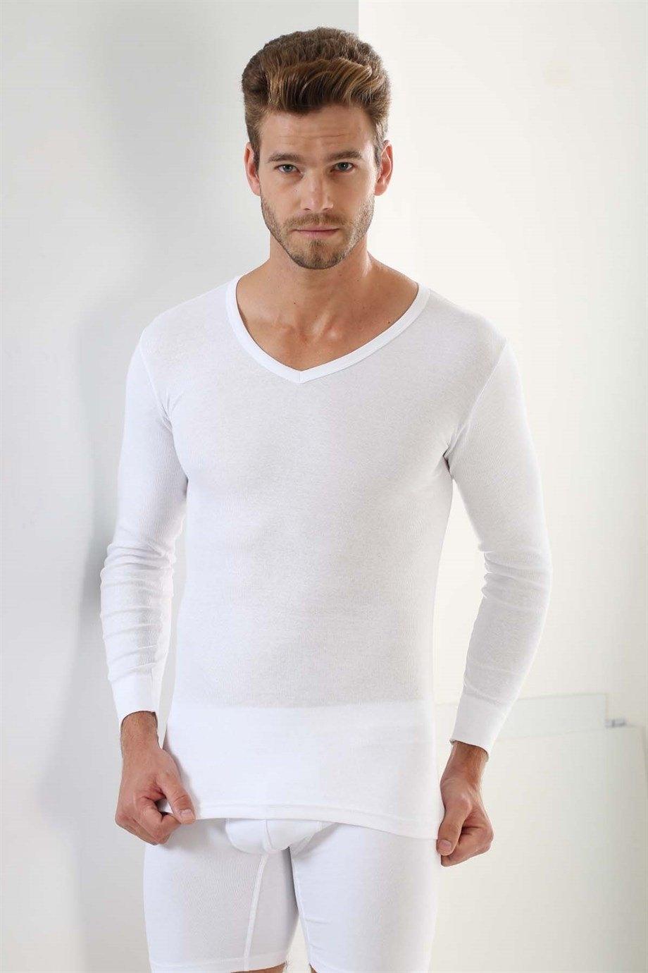 Pamuklu Ribana Uzun Kol V Yaka Badi Arma Yıldız 1127 - Beyaz