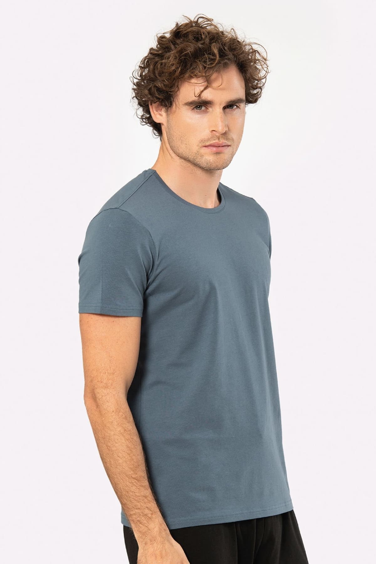 Pamuklu Elastan Bisiklet Yaka Erkek T-shirt Cacharel 1331 - MAVİ1