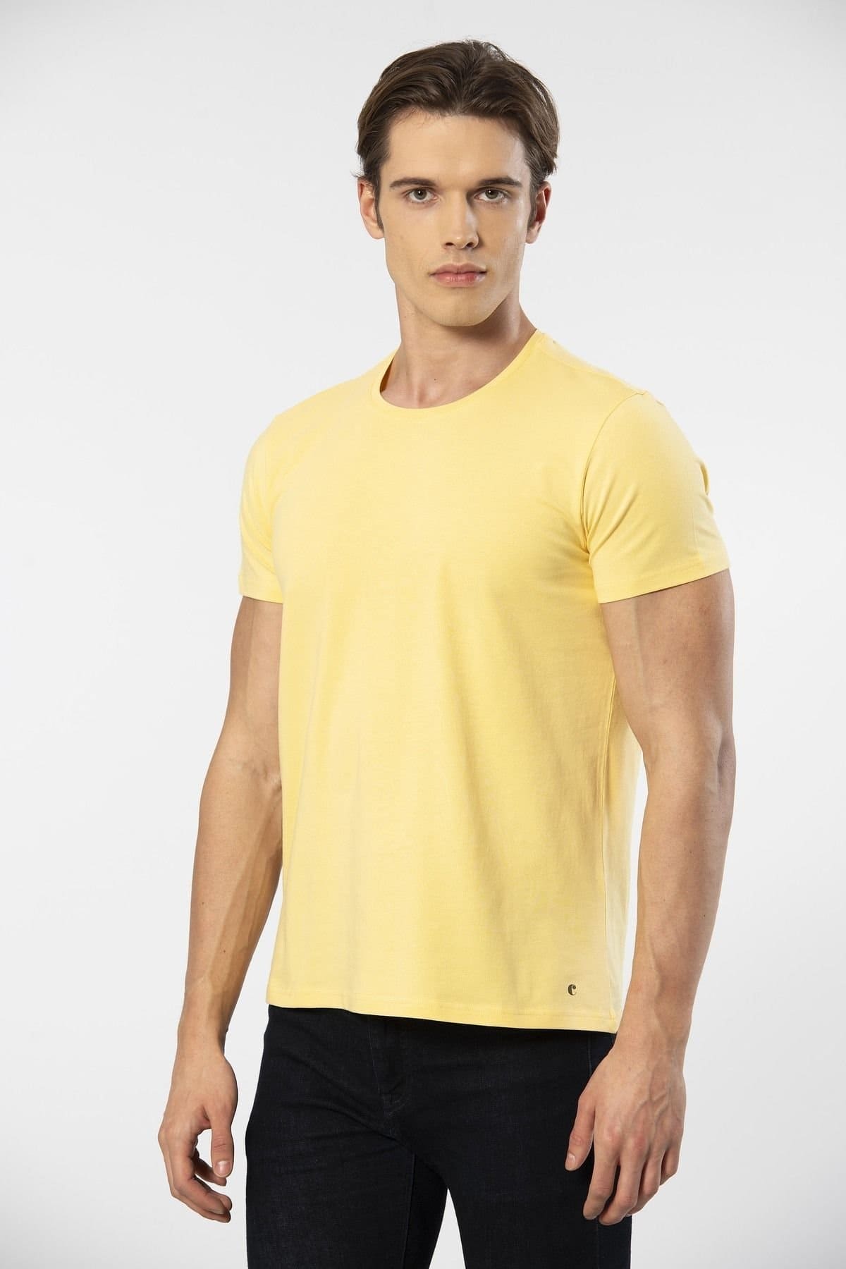 Pamuklu Likralı Bisiklet Yaka Erkek T-shirt Cacharel 1331 - Sarı