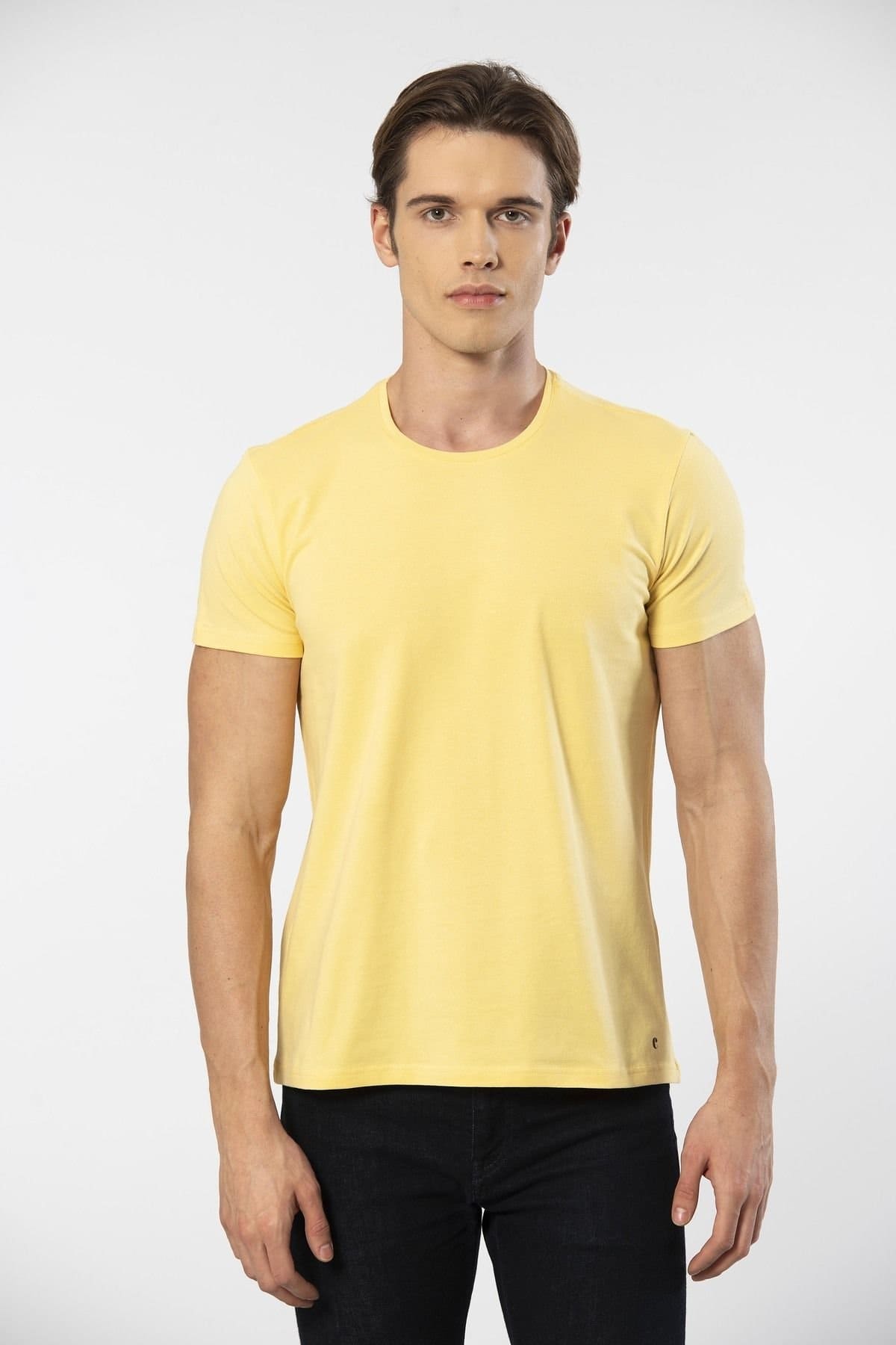 Pamuklu Likralı Bisiklet Yaka Erkek T-shirt Cacharel 1331 - Sarı