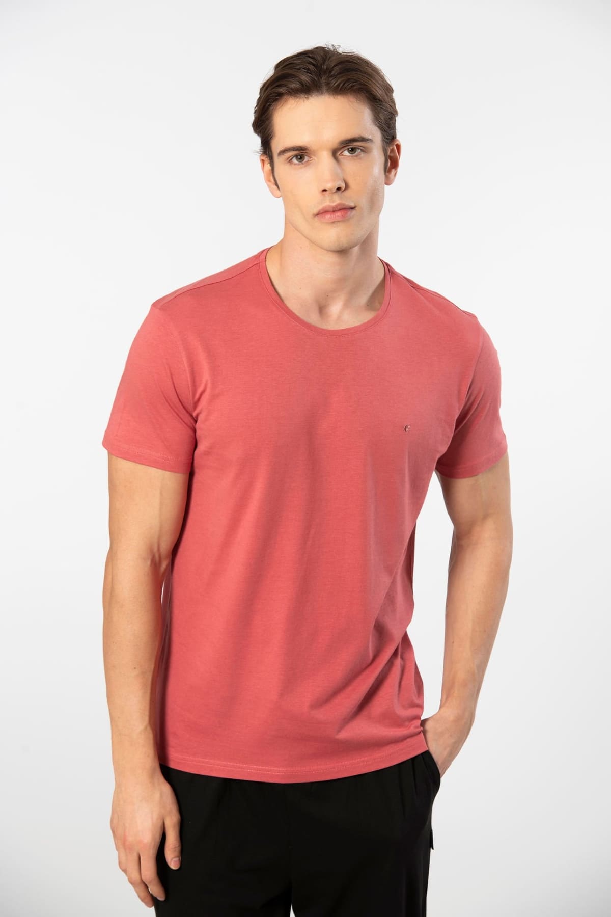 Pamuklu Kısa Kollu Bisiklet Yaka T-shirt Cacharel 2169 - Mercan