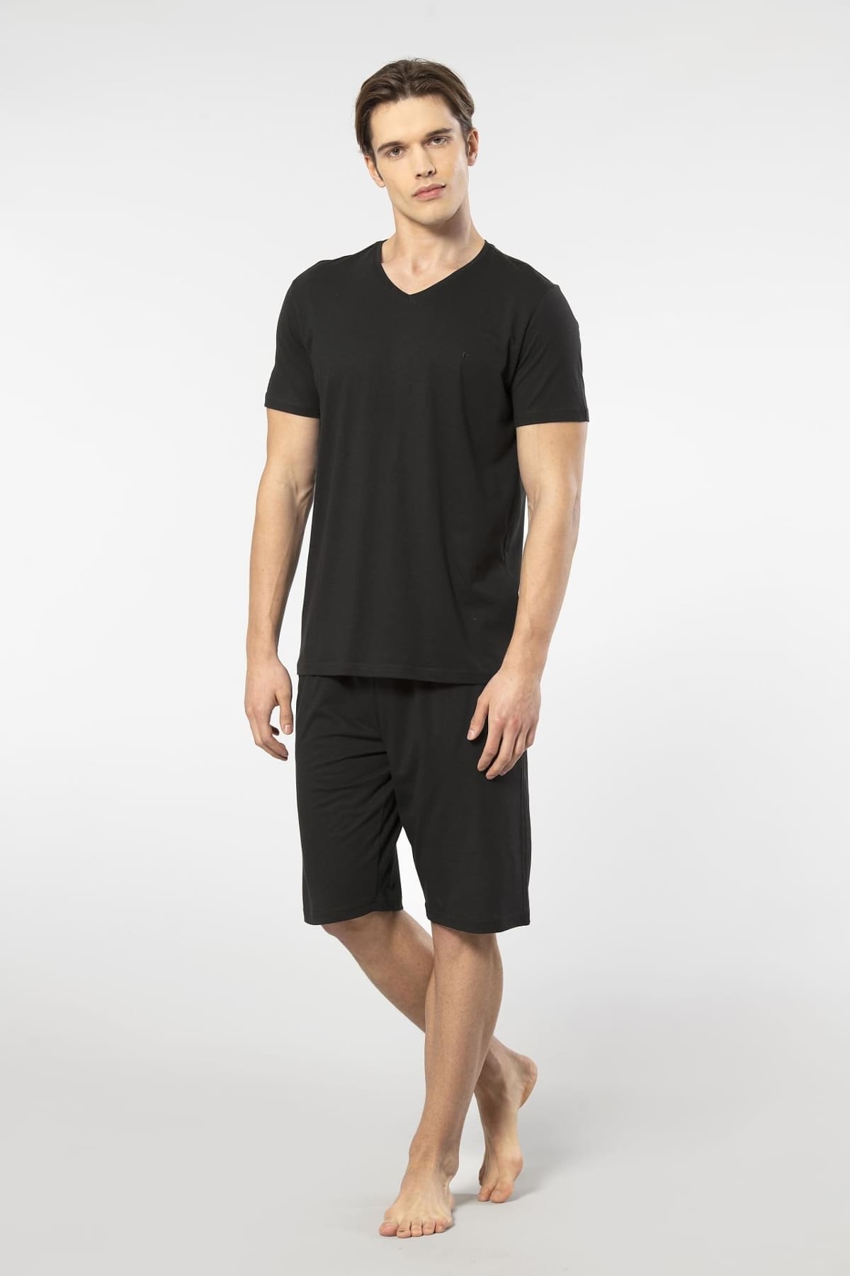 Modal Pamuklu Kısa Kollu Şortlu Pijama Takımı Cacharel 2193 - Siyah
