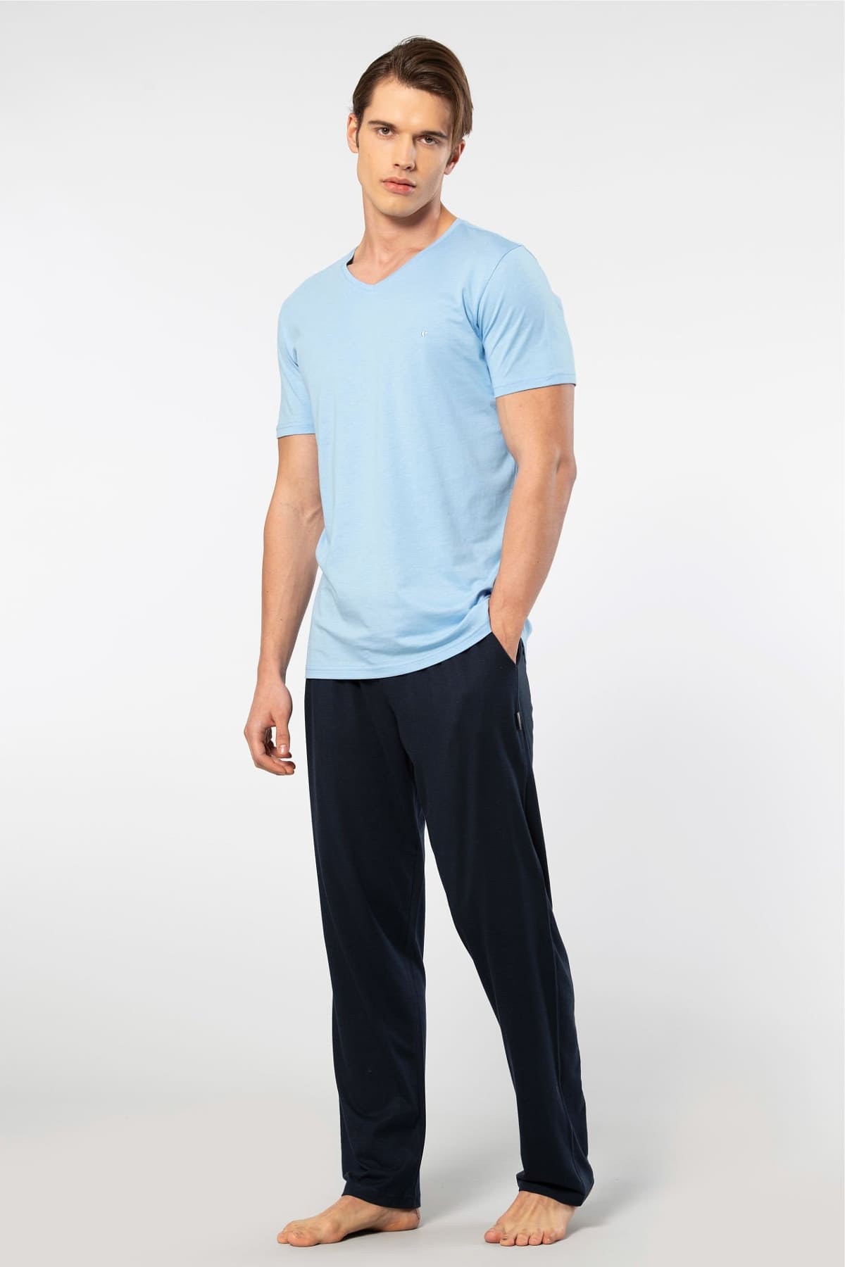 Kısa Kollu Modal Pamuk Erkek Pijama Takımı Cacharel 2192 - Açık Mavi