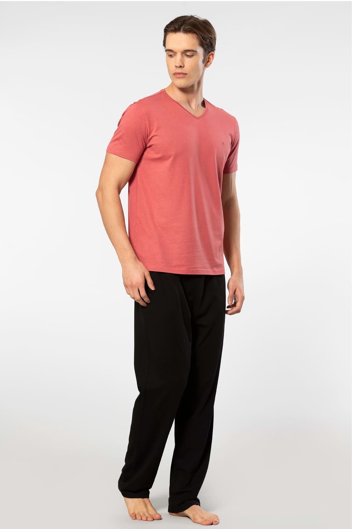 Modal Pamuk Kısa Kollu V Yaka Pijama Takımı Cacharel 2192 - Mercan
