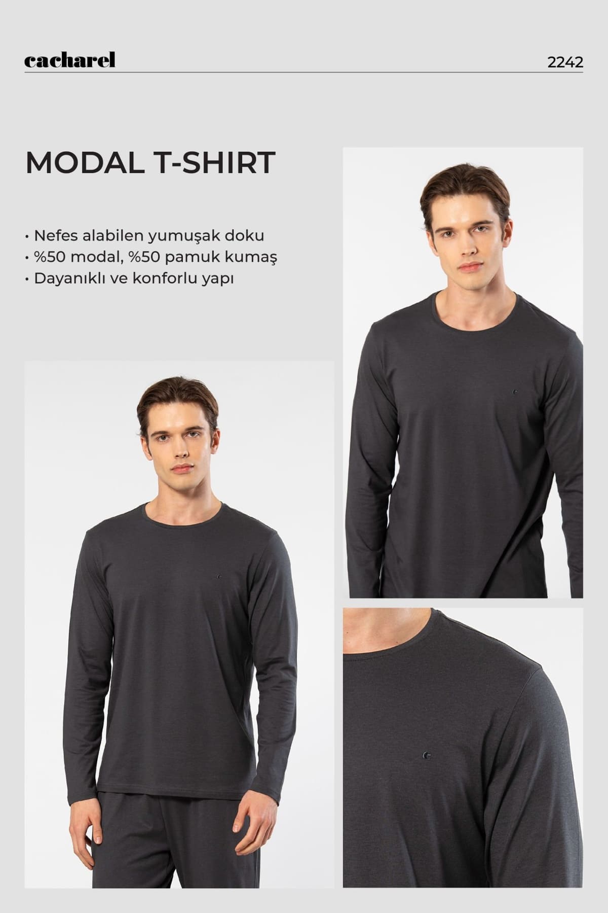 Pamuklu Modal Bisiklet Yaka Erkek T-shirt Cacharel 2242 - Antrasit