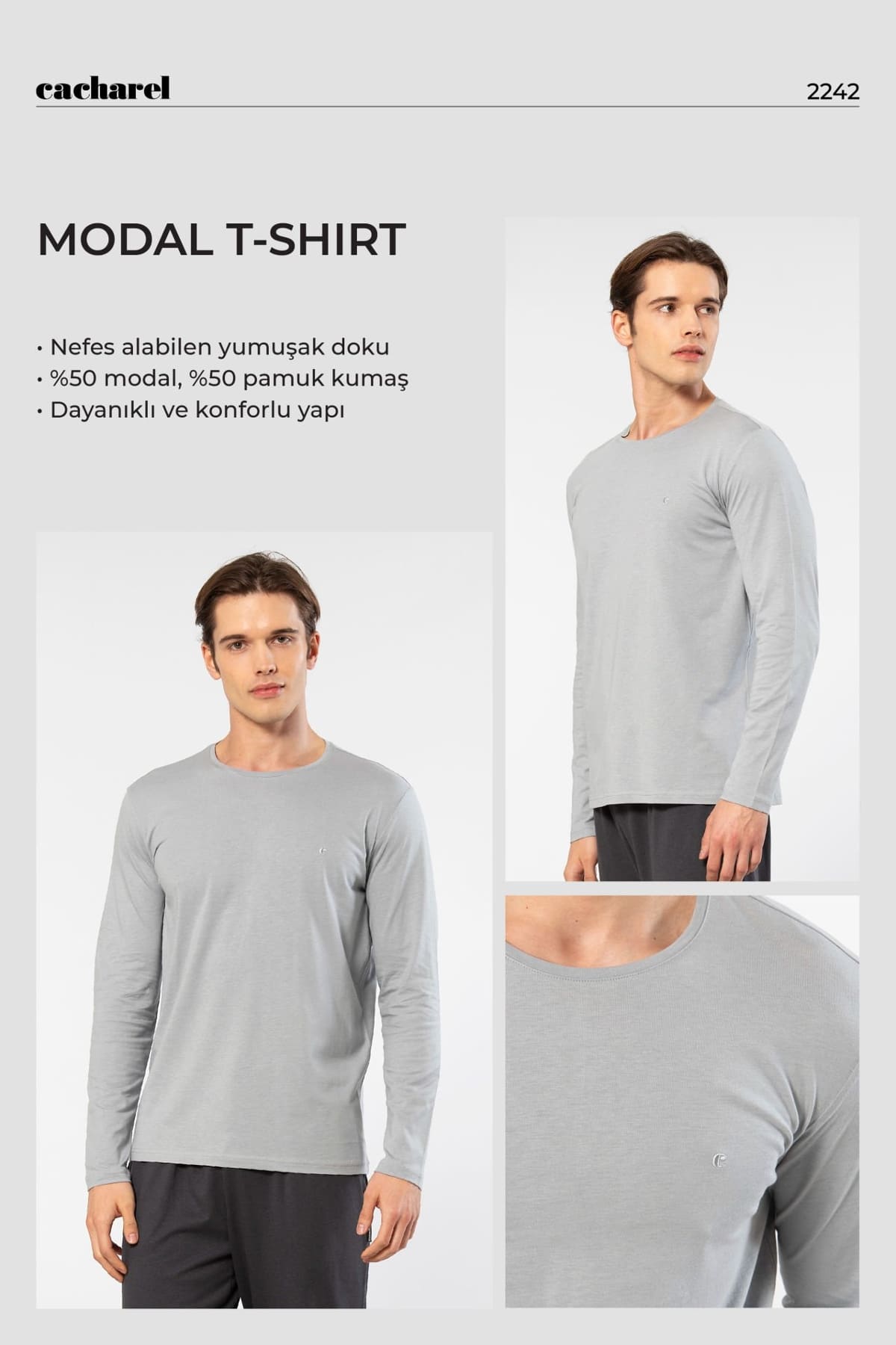 Modal Pamuklu Bisiklet Yaka Erkek T-shirt Cacharel 2242 - Gri